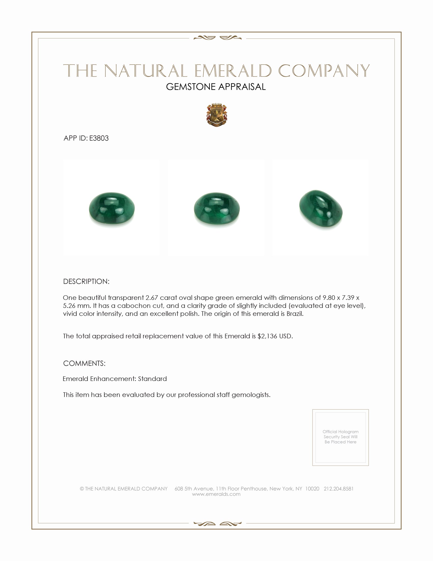 2.67 Ct. Cabochon Emerald from Brazil