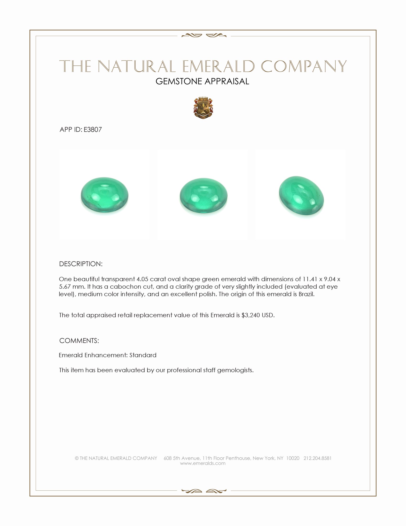 4.05 Ct. Cabochon Emerald from Brazil