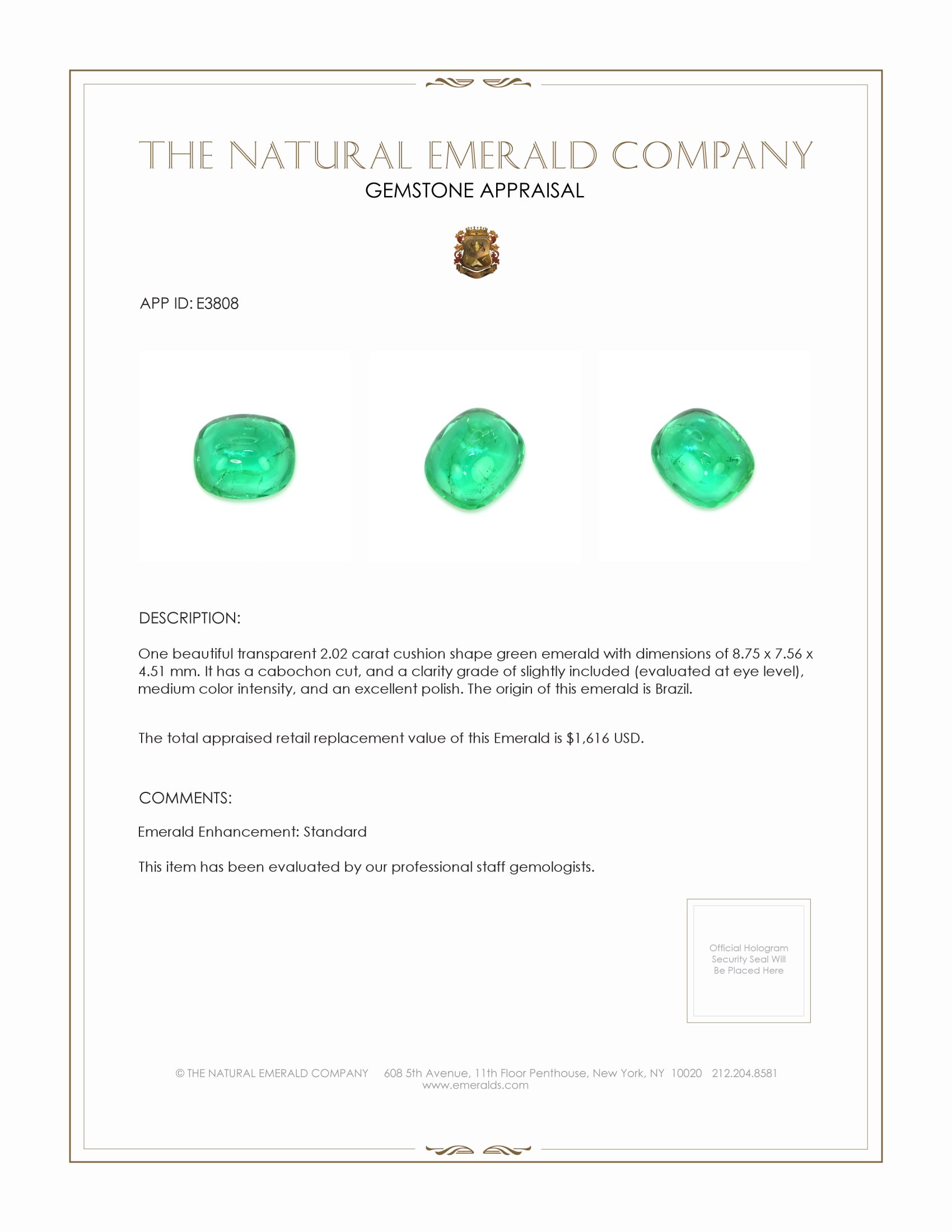 2.02 Ct. Cabochon Emerald from Brazil