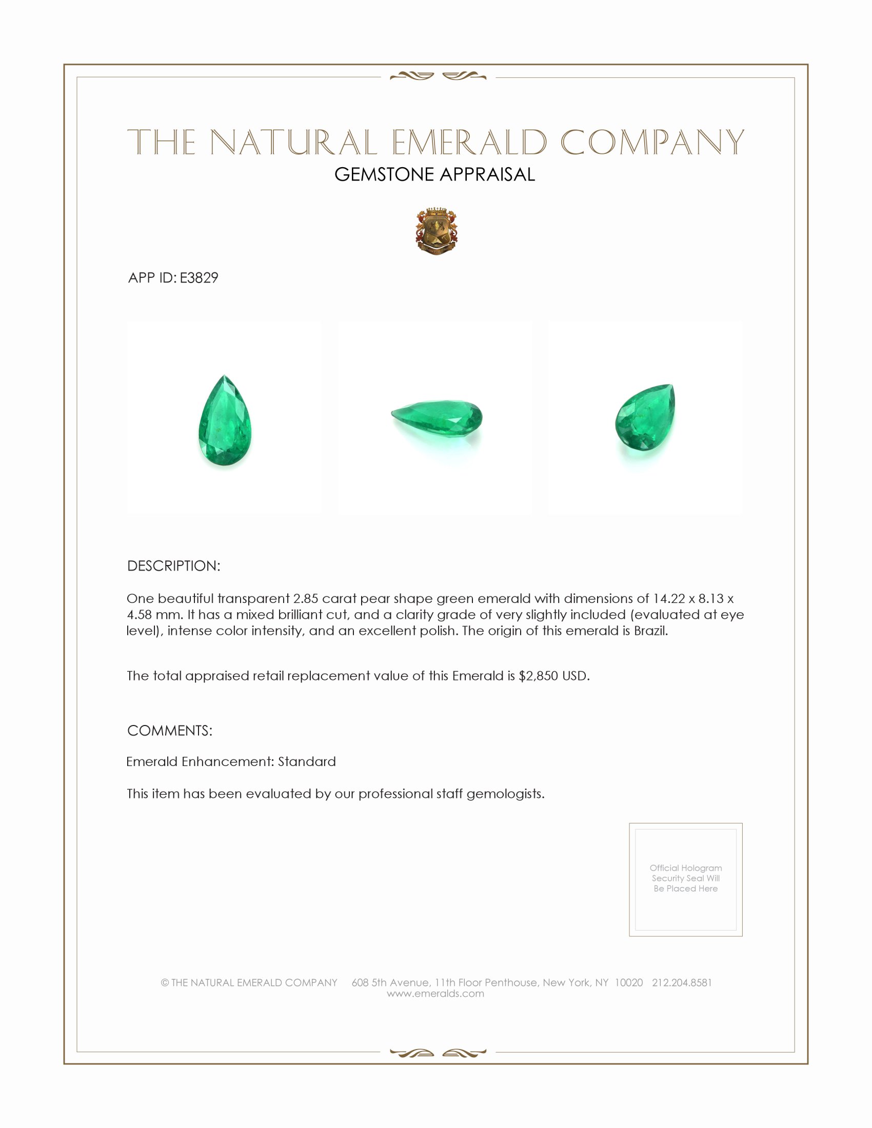 2.85 Ct. Emerald from Brazil