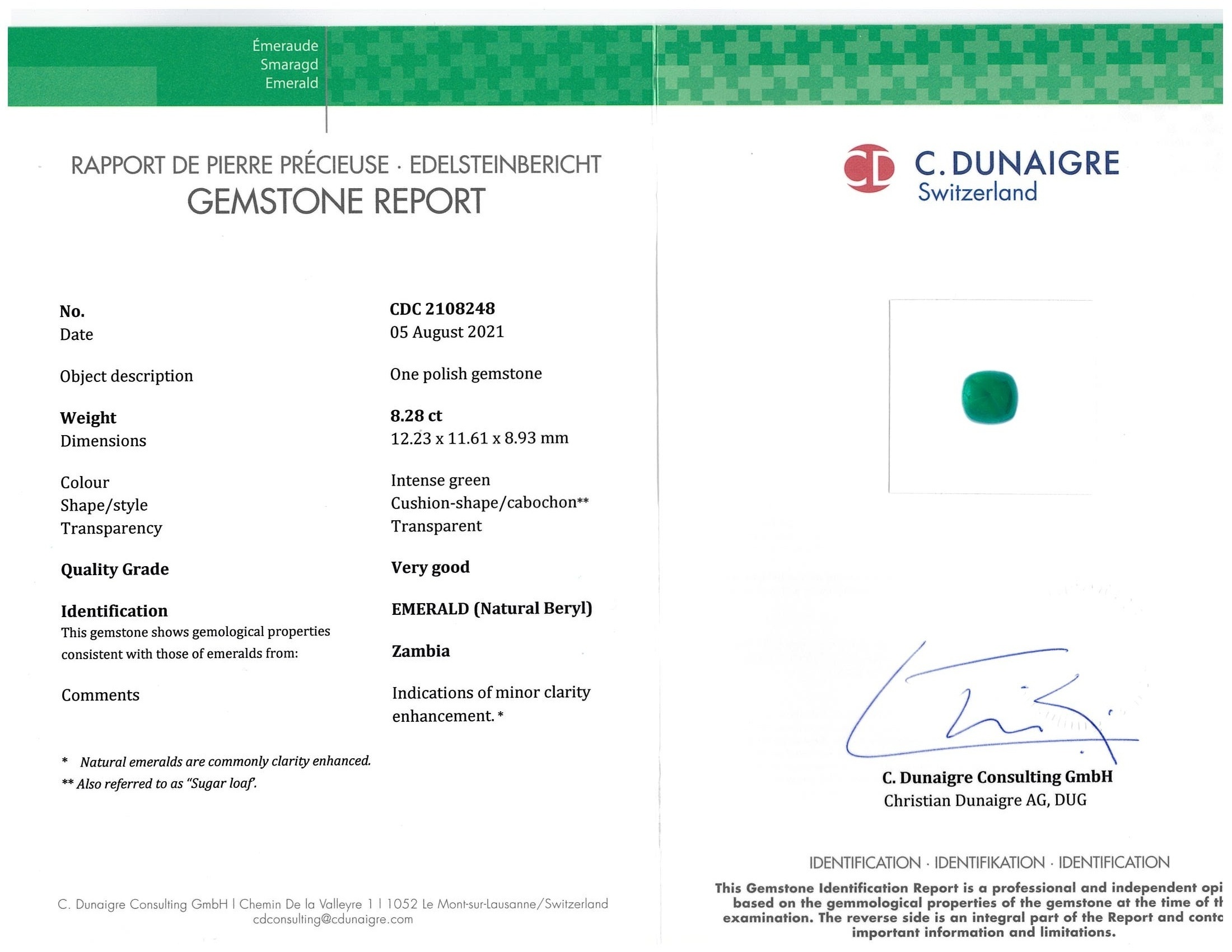 8.28 Ct. Cabochon Emerald from Zambia