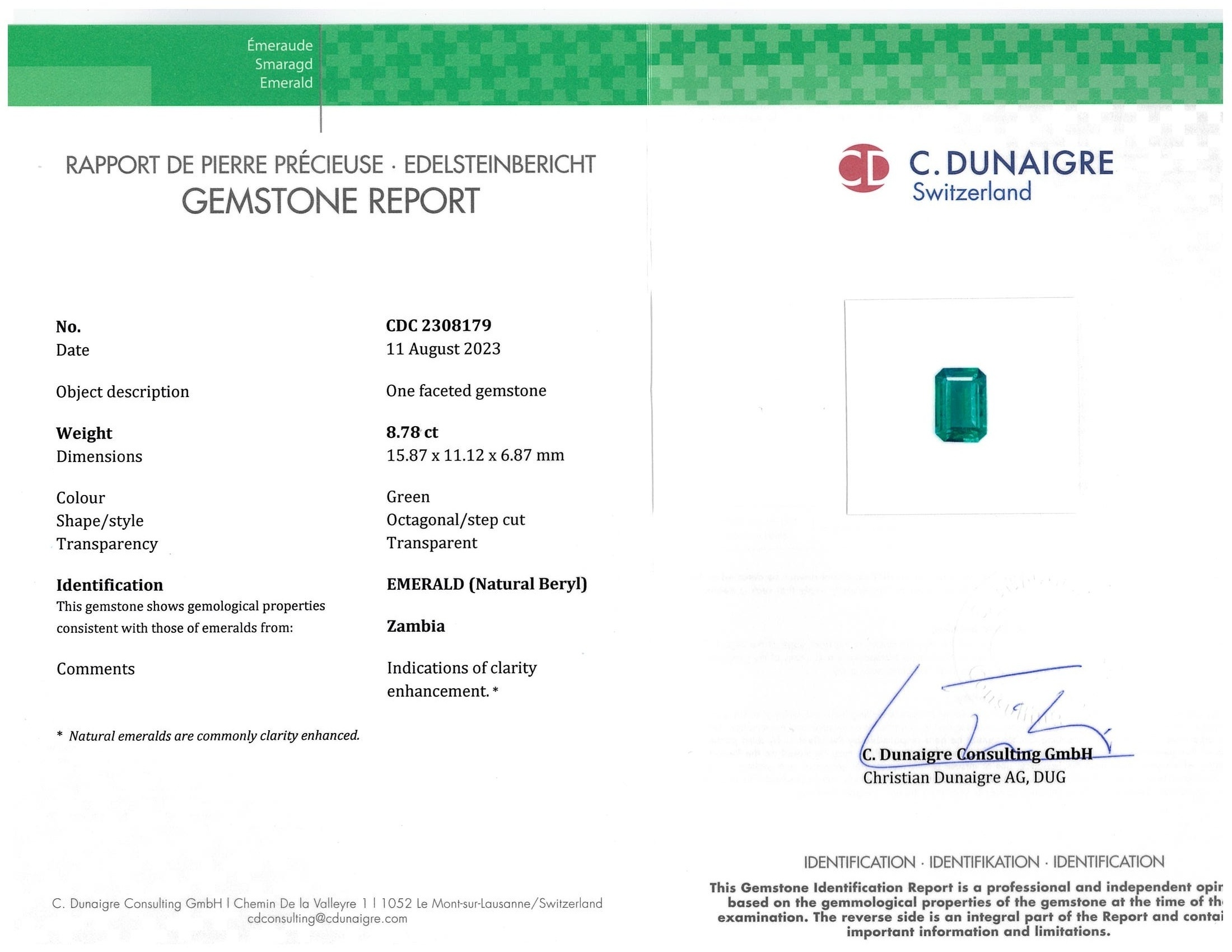 8.78 Ct. Emerald from Zambia