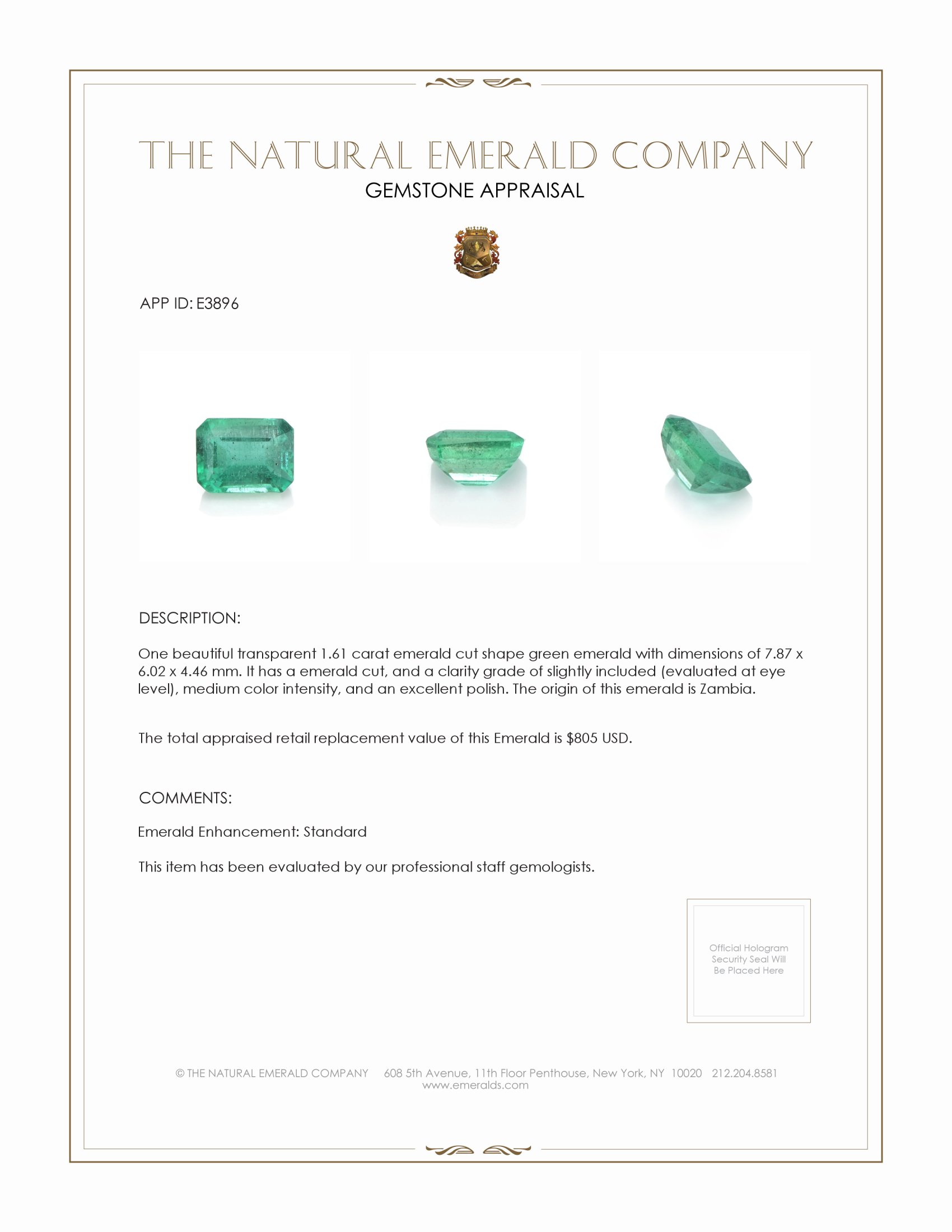 1.61 Ct. Emerald from Zambia