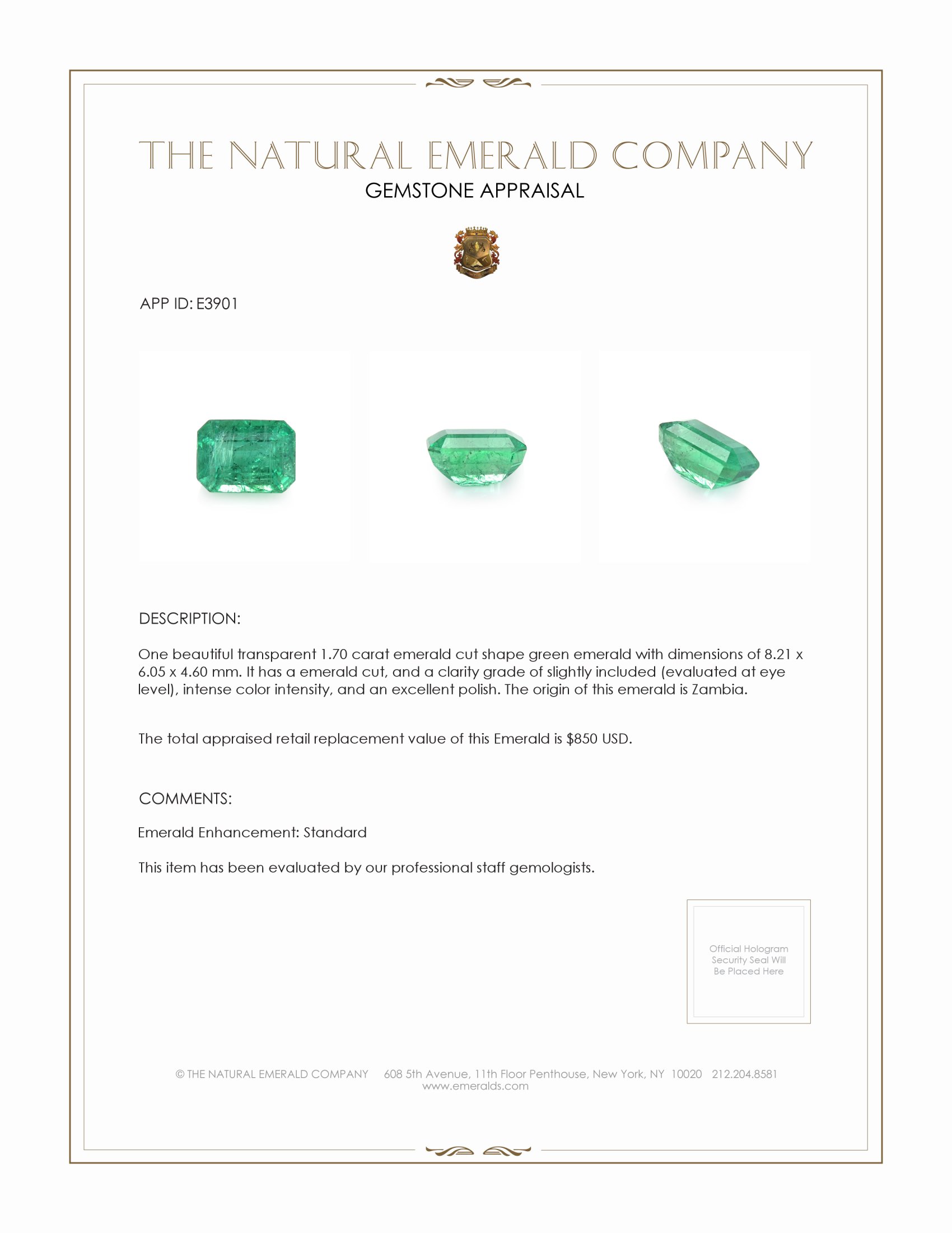 1.70 Ct. Emerald from Zambia