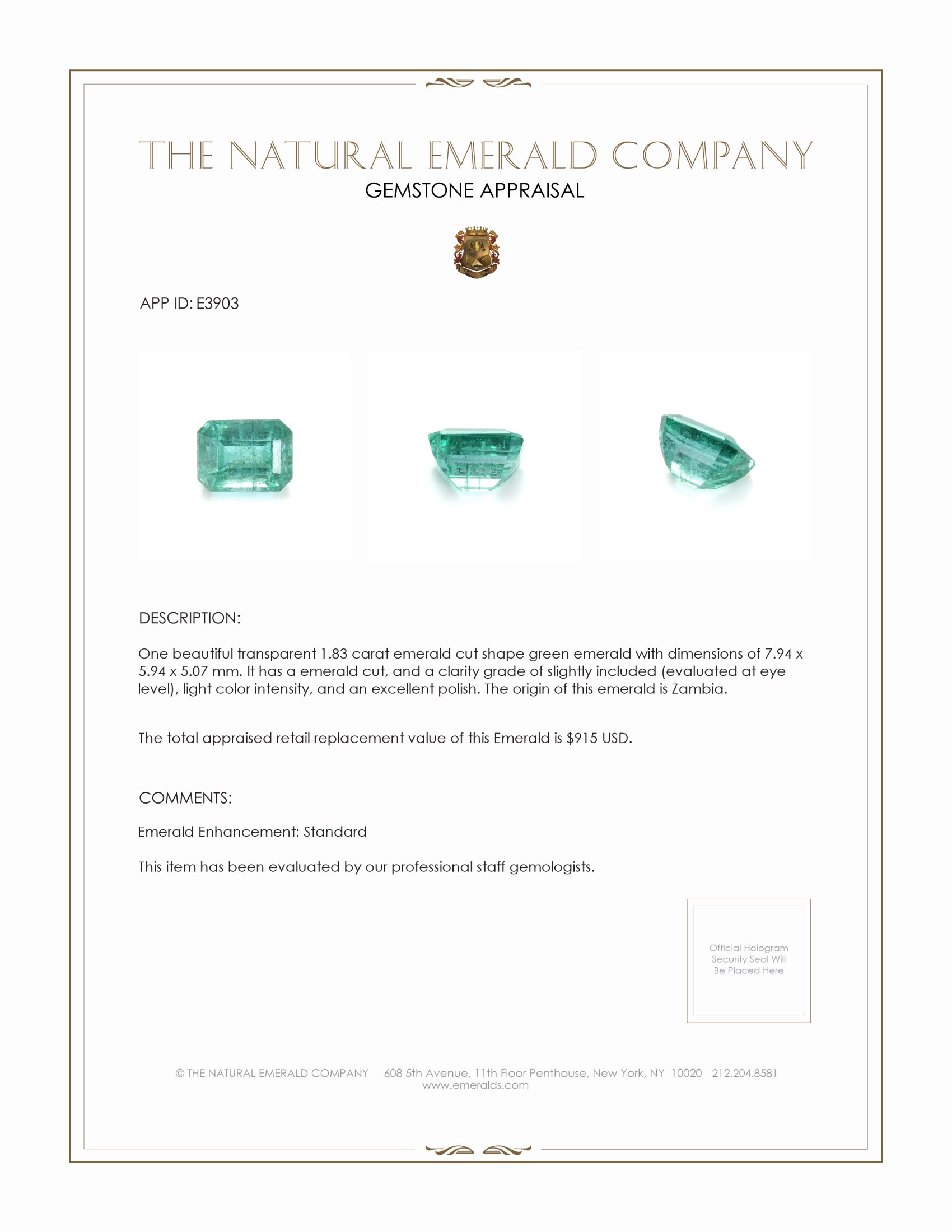 1.83 Ct. Emerald from Zambia