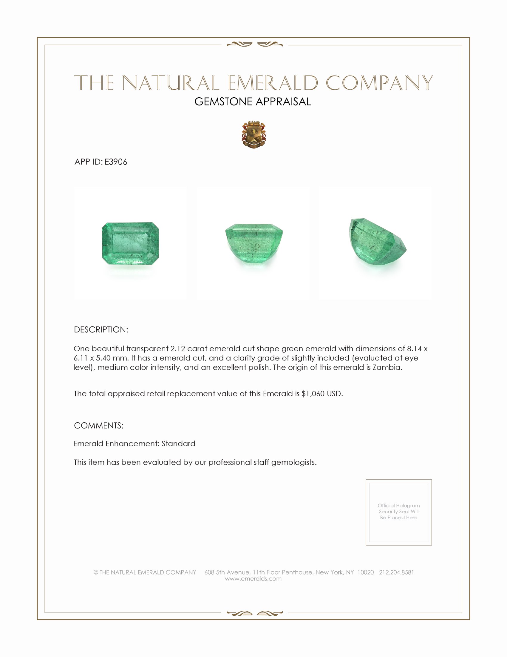 2.12 Ct. Emerald from Zambia