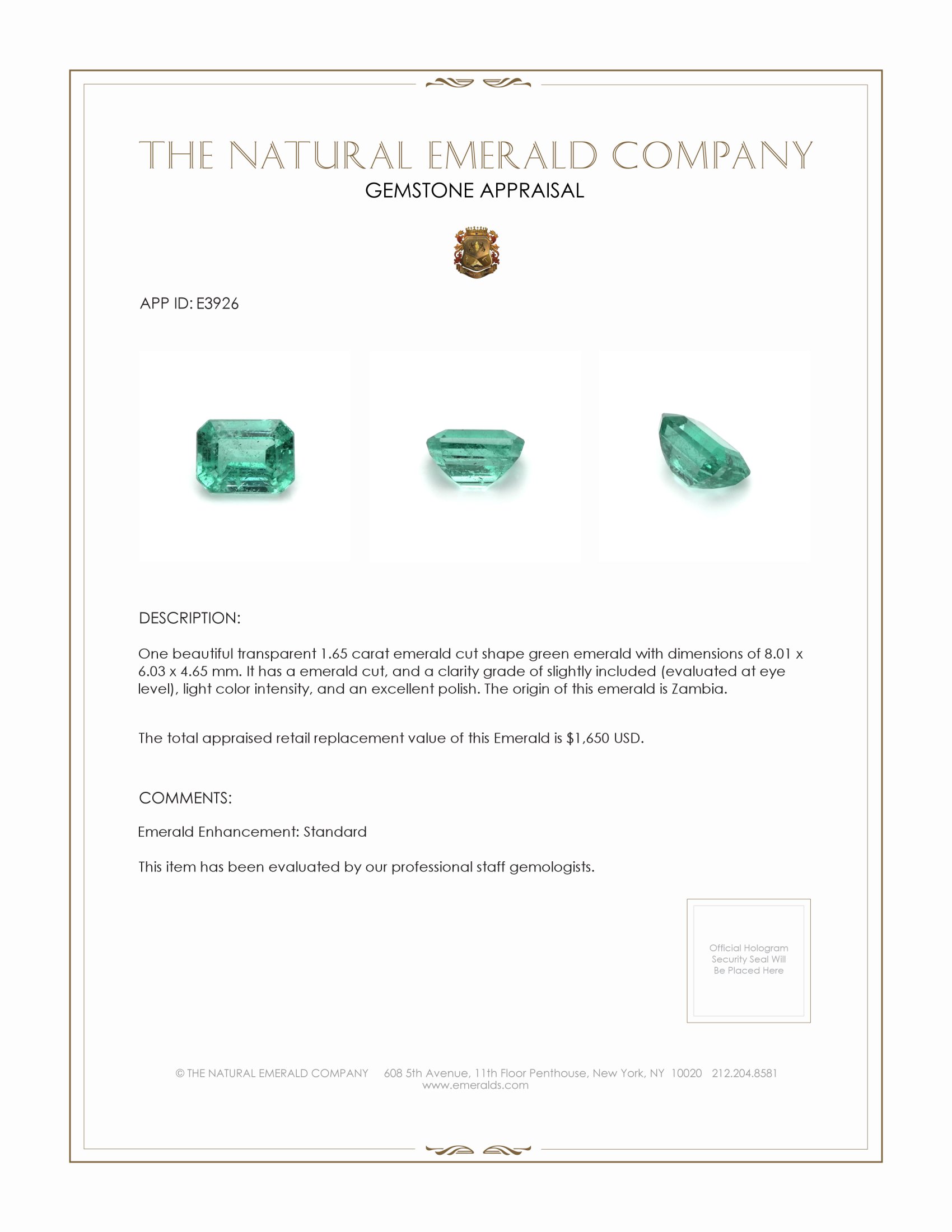 1.65 Ct. Emerald from Zambia