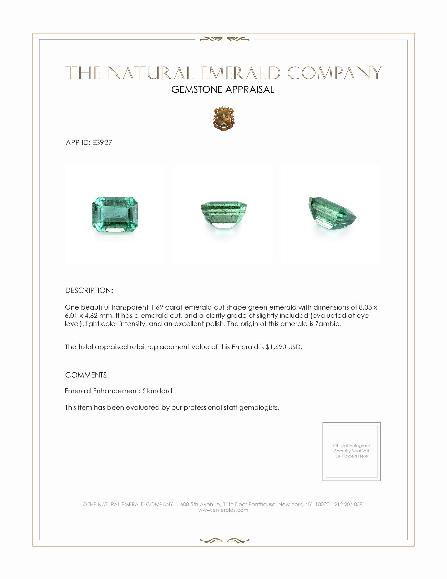 1.69 Ct. Emerald from Zambia