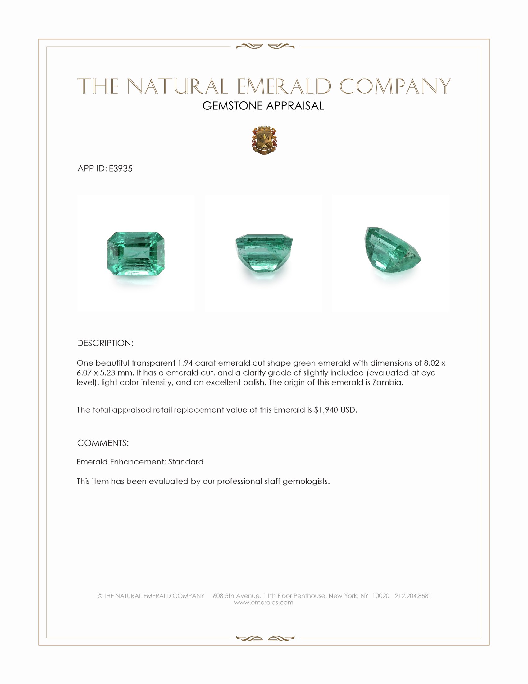 1.94 Ct. Emerald from Zambia