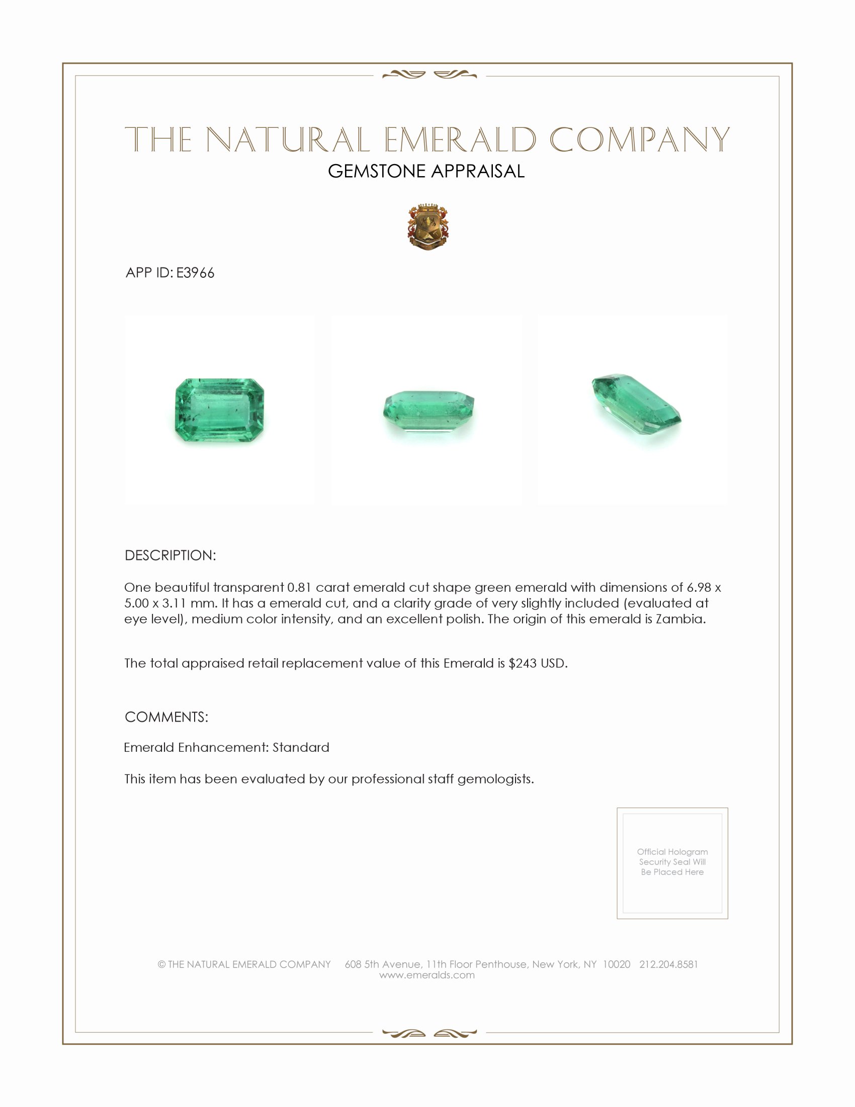 0.81 Ct. Emerald from Zambia