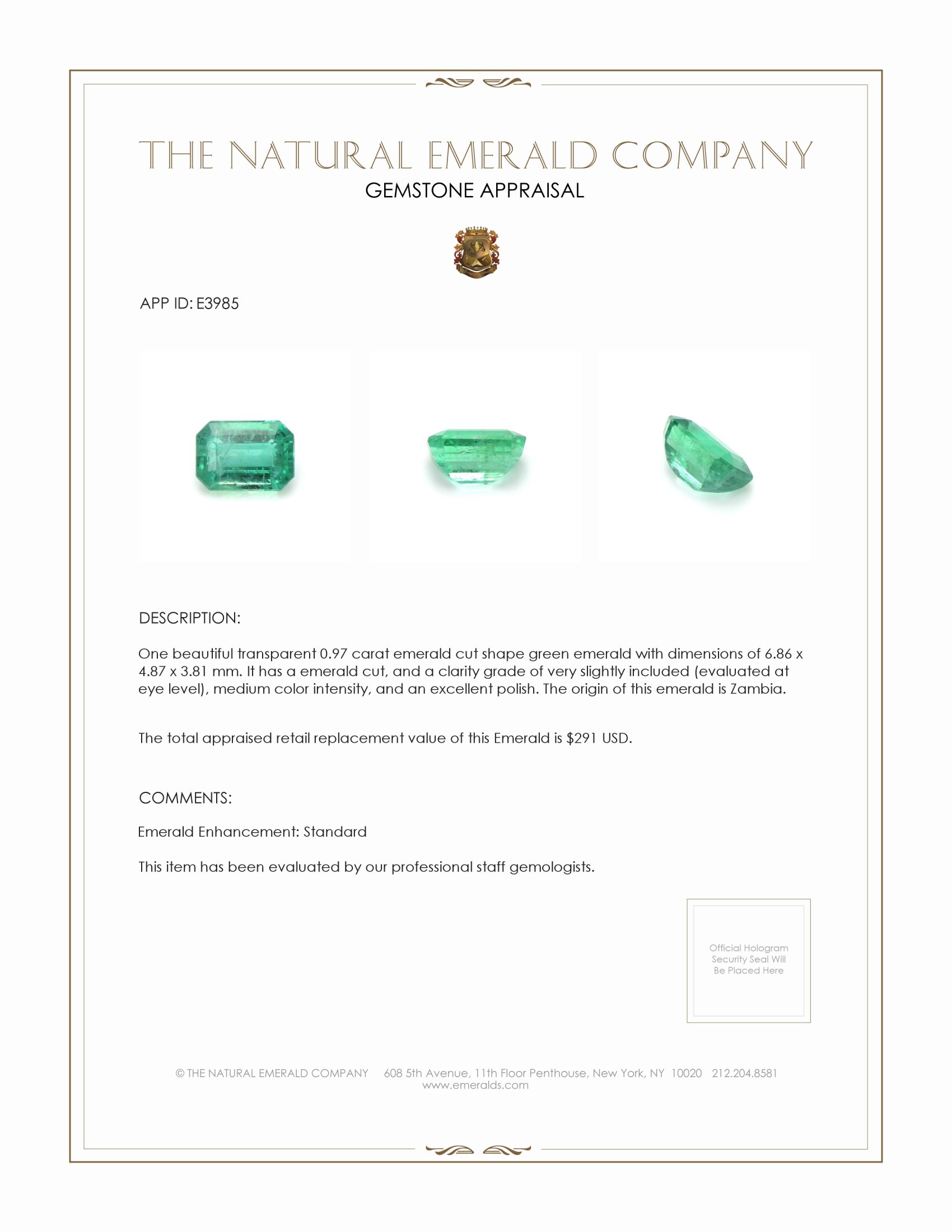 0.97 Ct. Emerald from Zambia