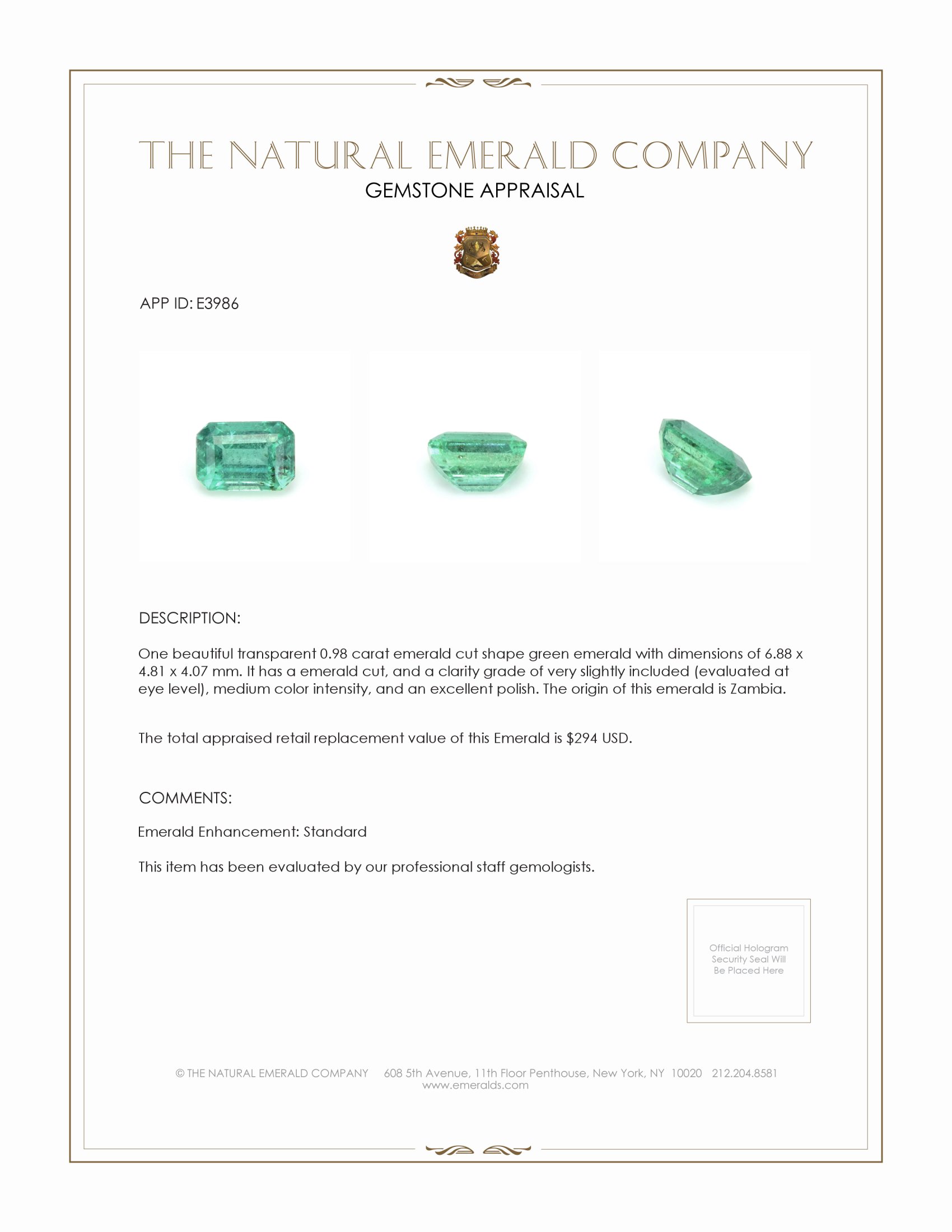 0.98 Ct. Emerald from Zambia