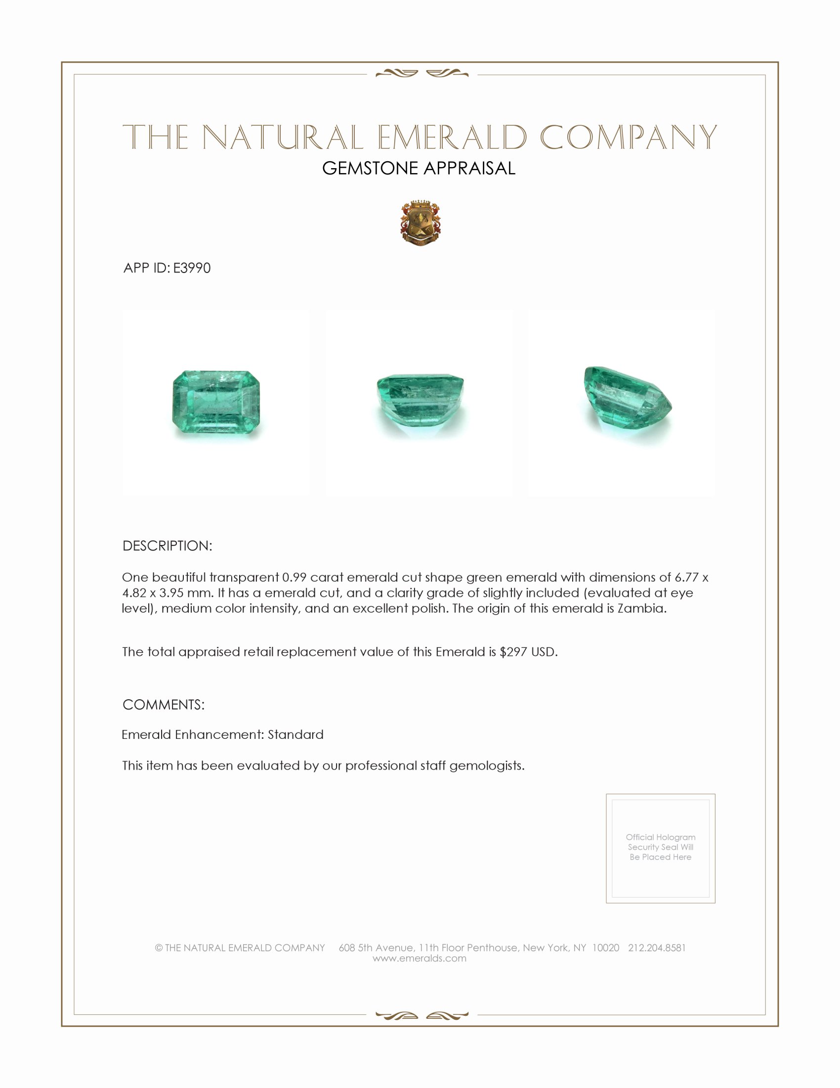 0.99 Ct. Emerald from Zambia