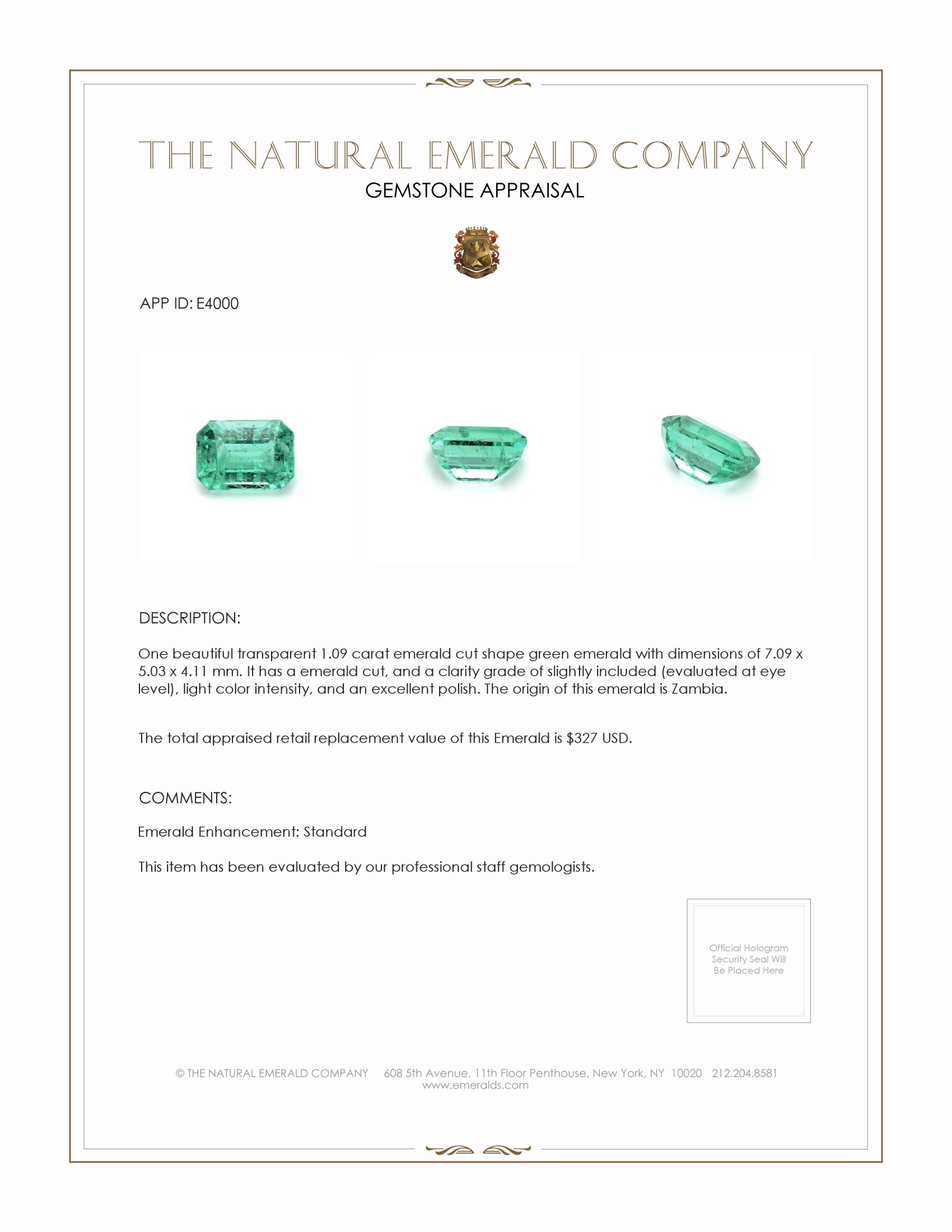 1.09 Ct. Emerald from Zambia
