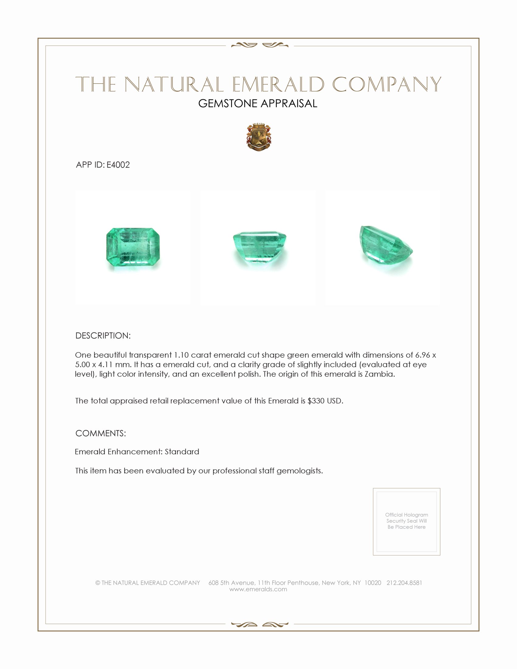 1.10 Ct. Emerald from Zambia
