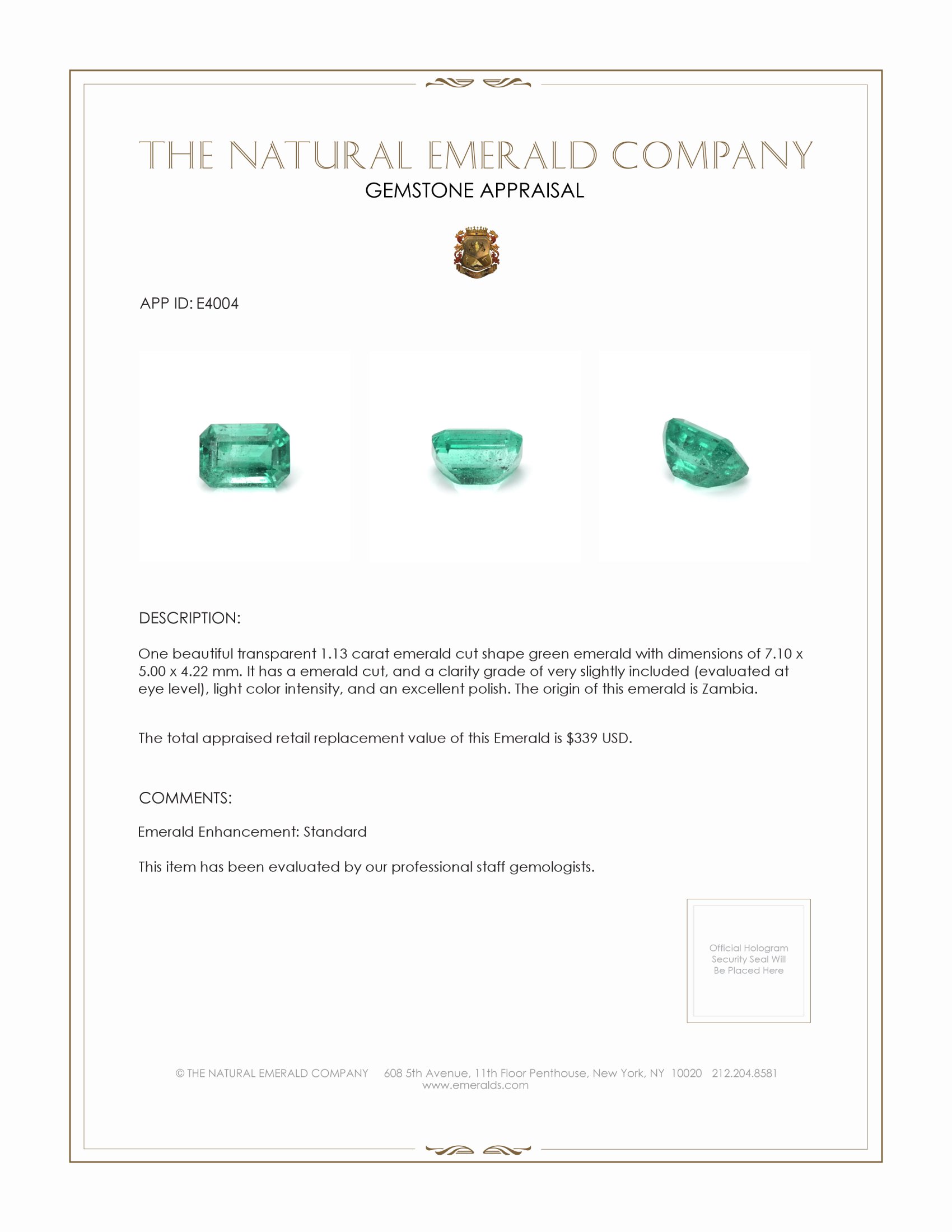 1.13 Ct. Emerald from Zambia