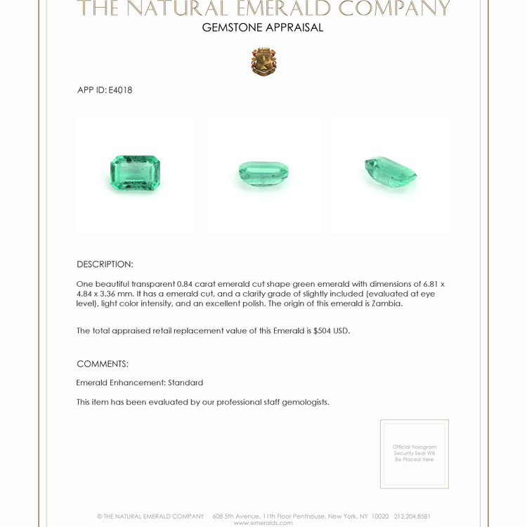 0.84 Ct. Emerald from Zambia