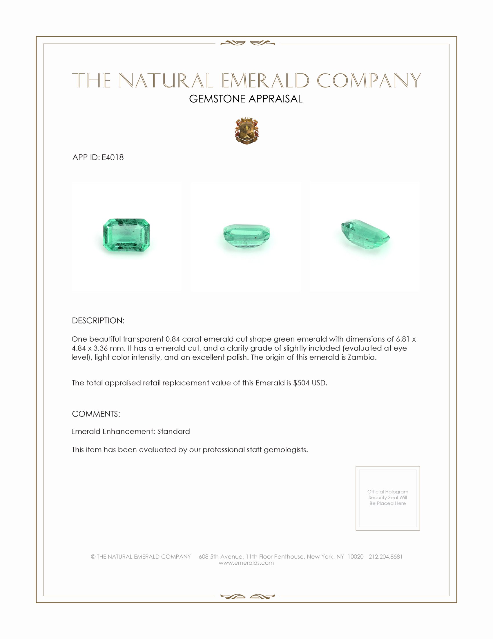 0.84 Ct. Emerald from Zambia