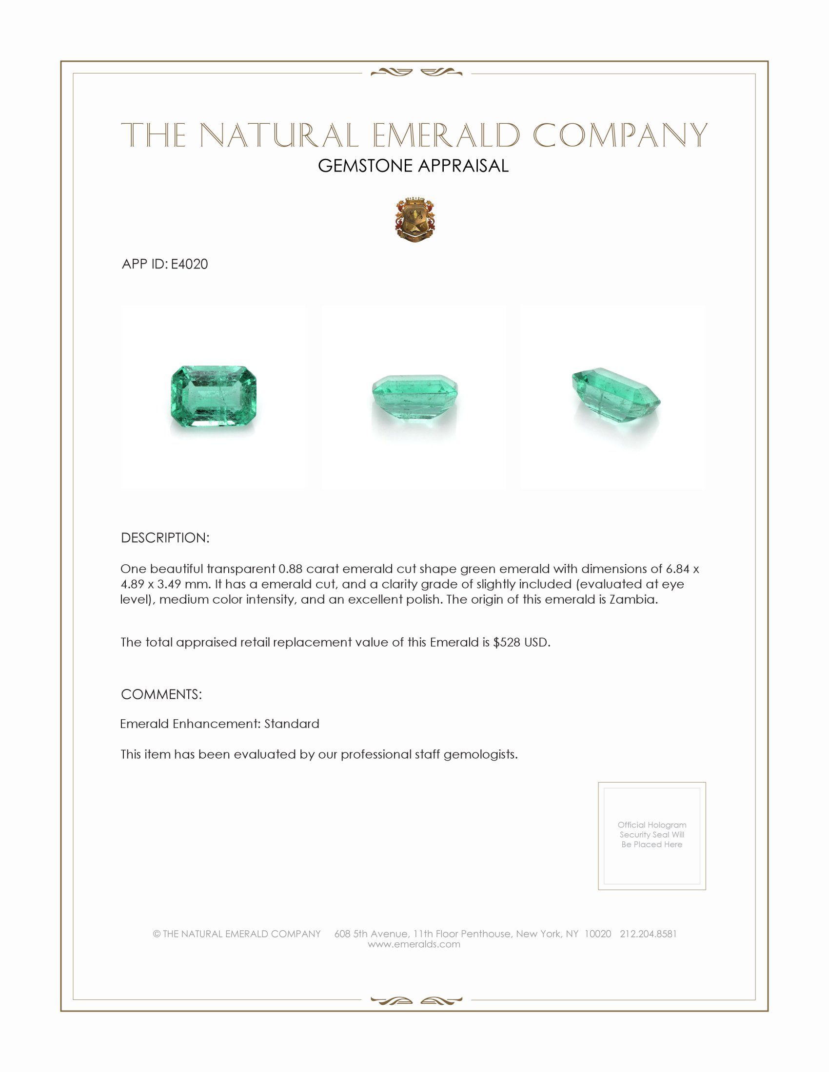 0.88 Ct. Emerald from Zambia