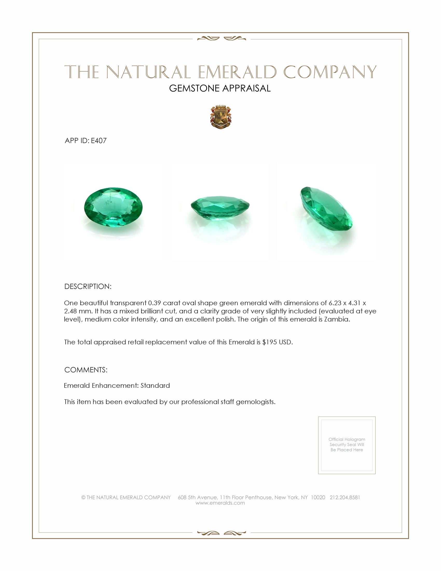 0.39 Ct. Emerald from Zambia