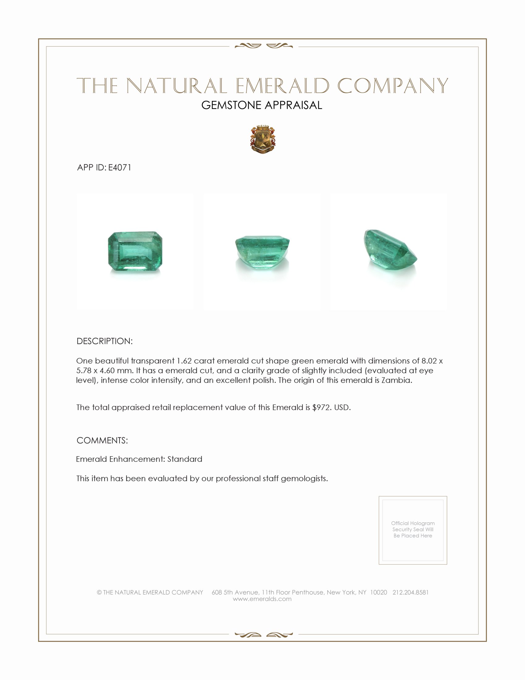 1.62 Ct. Emerald from Zambia