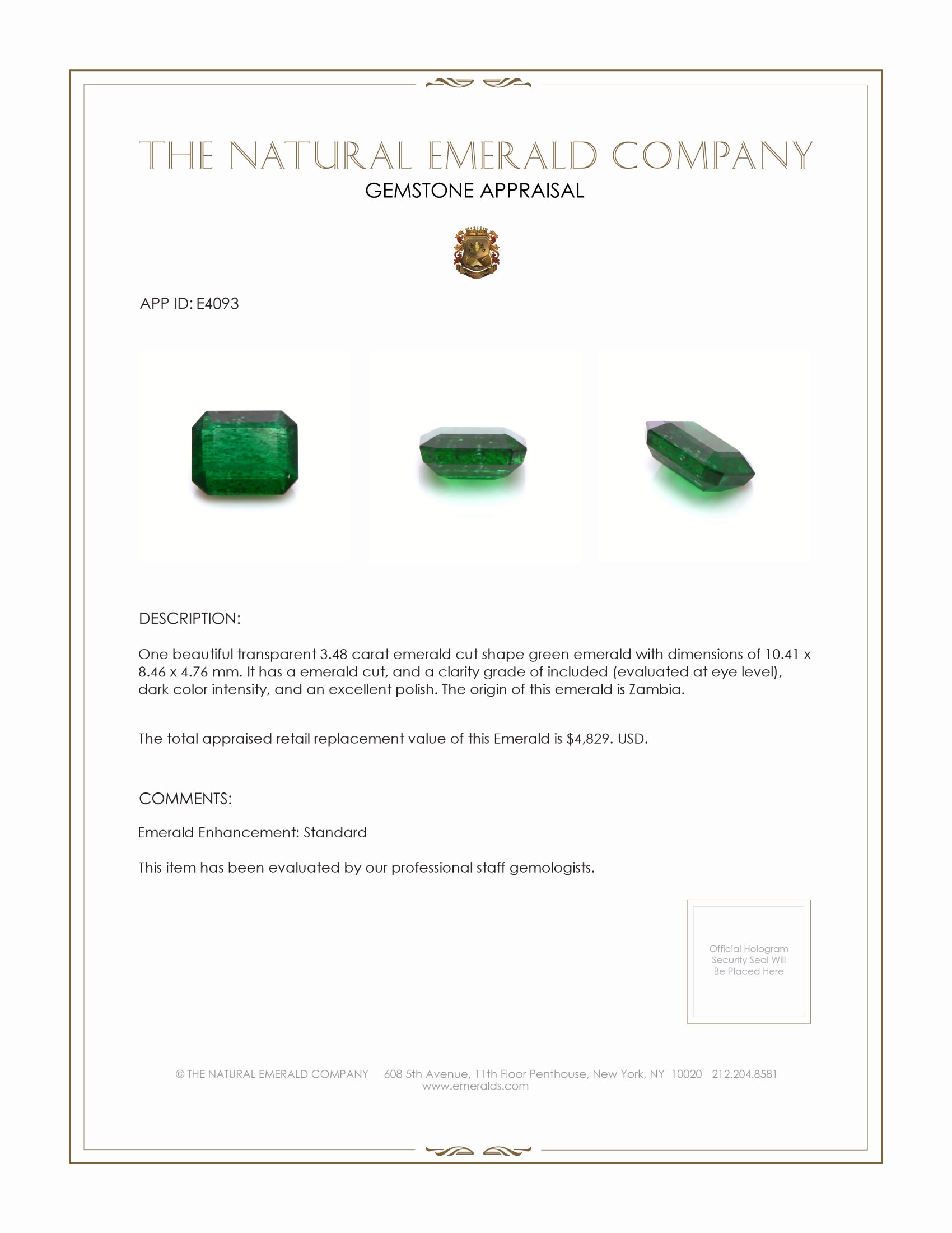 Loose Emerald - Emerald 3.48 Ct. - #E4093 | The Natural Emerald