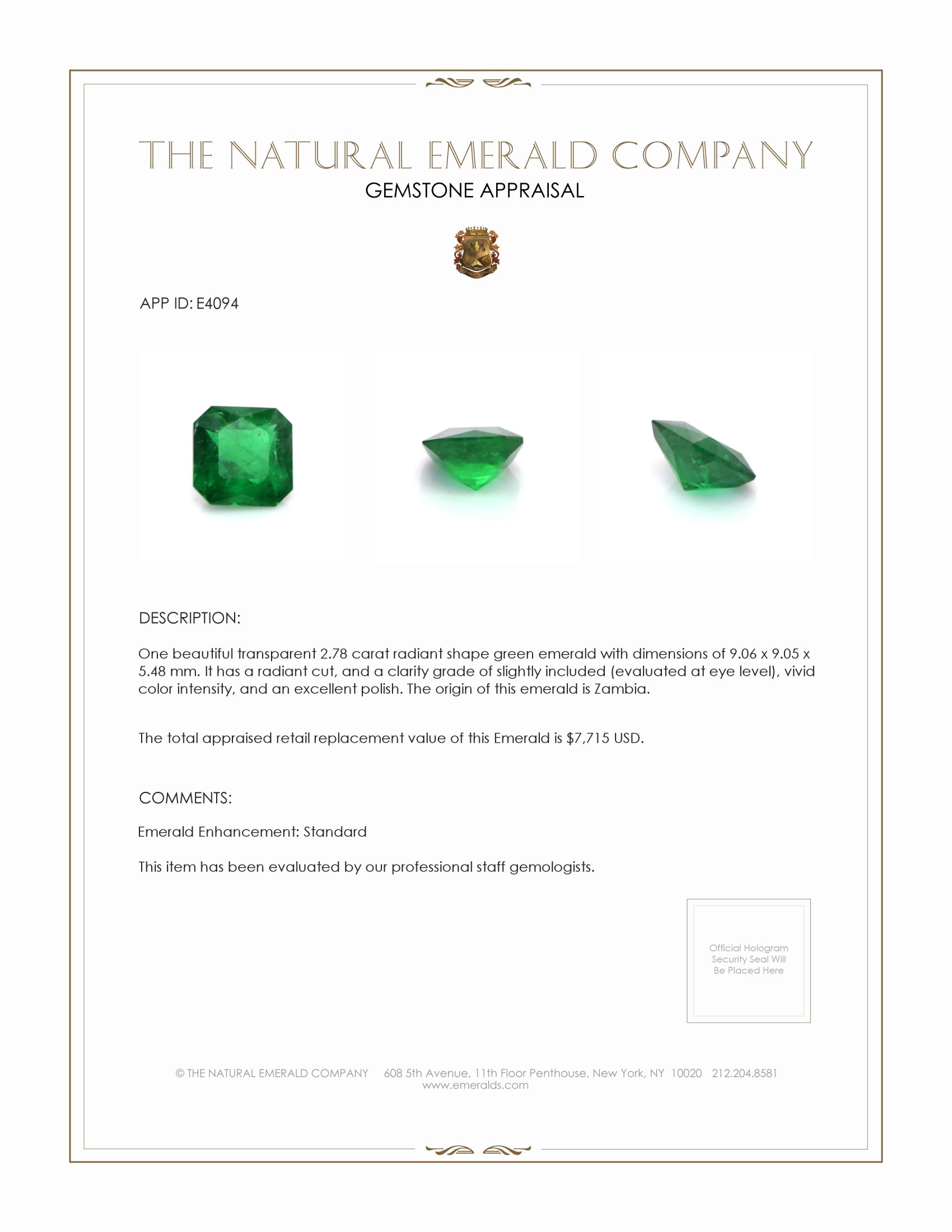 2.78 Ct. Emerald from Zambia