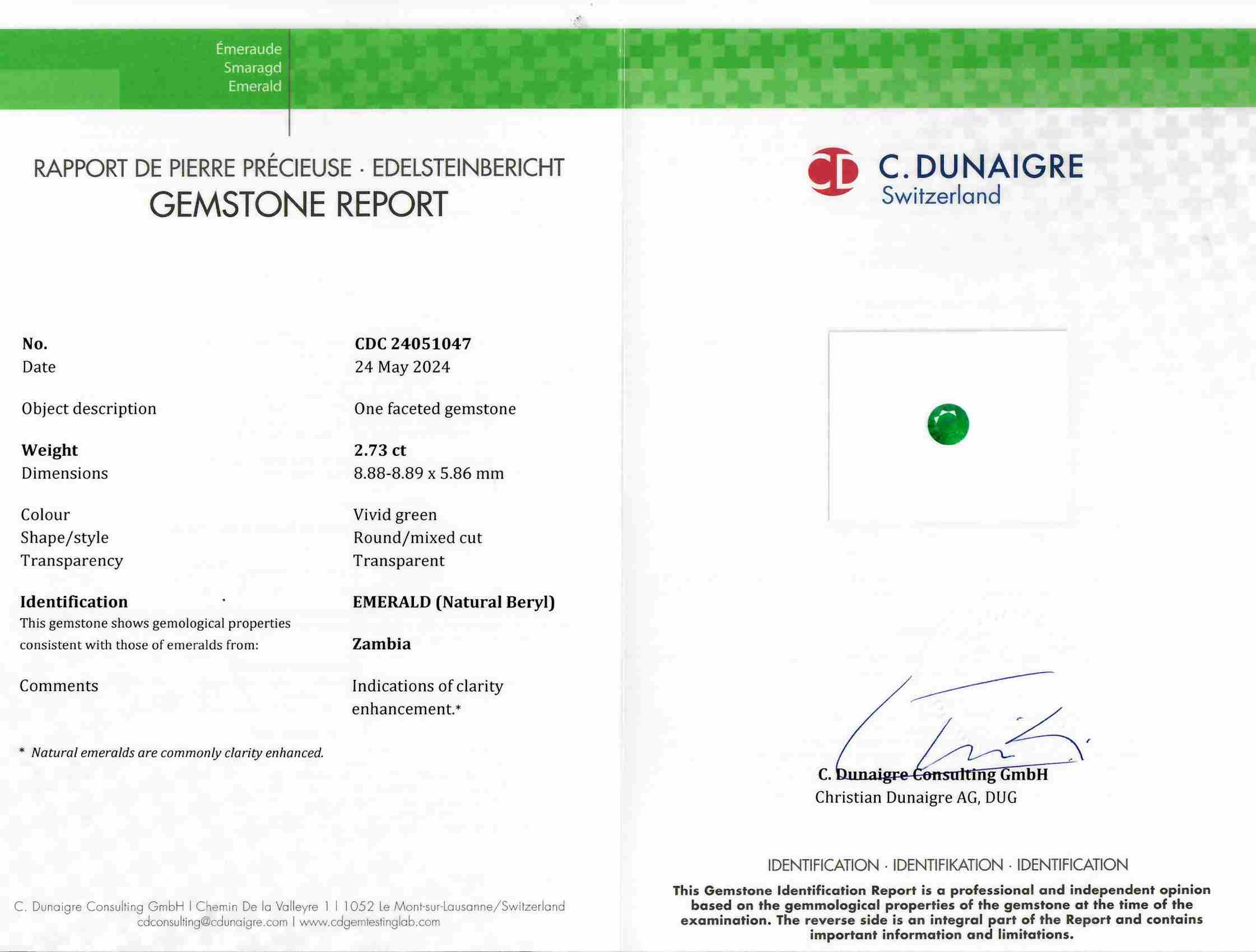 2.74 Ct. Emerald from Zambia