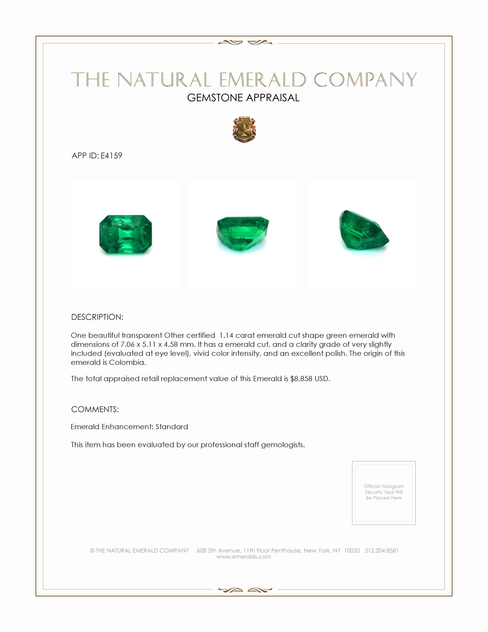 1.14 Ct. Emerald from Colombia