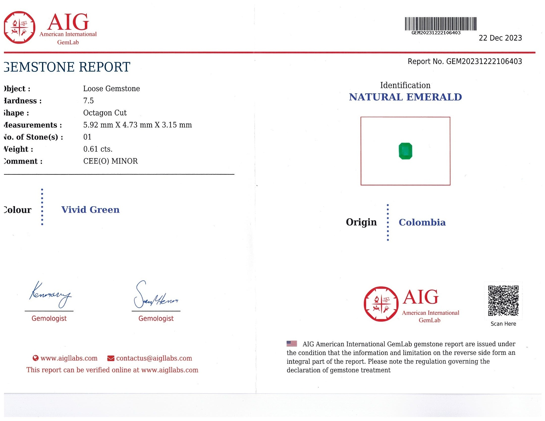 0.61 Ct. Emerald from Colombia