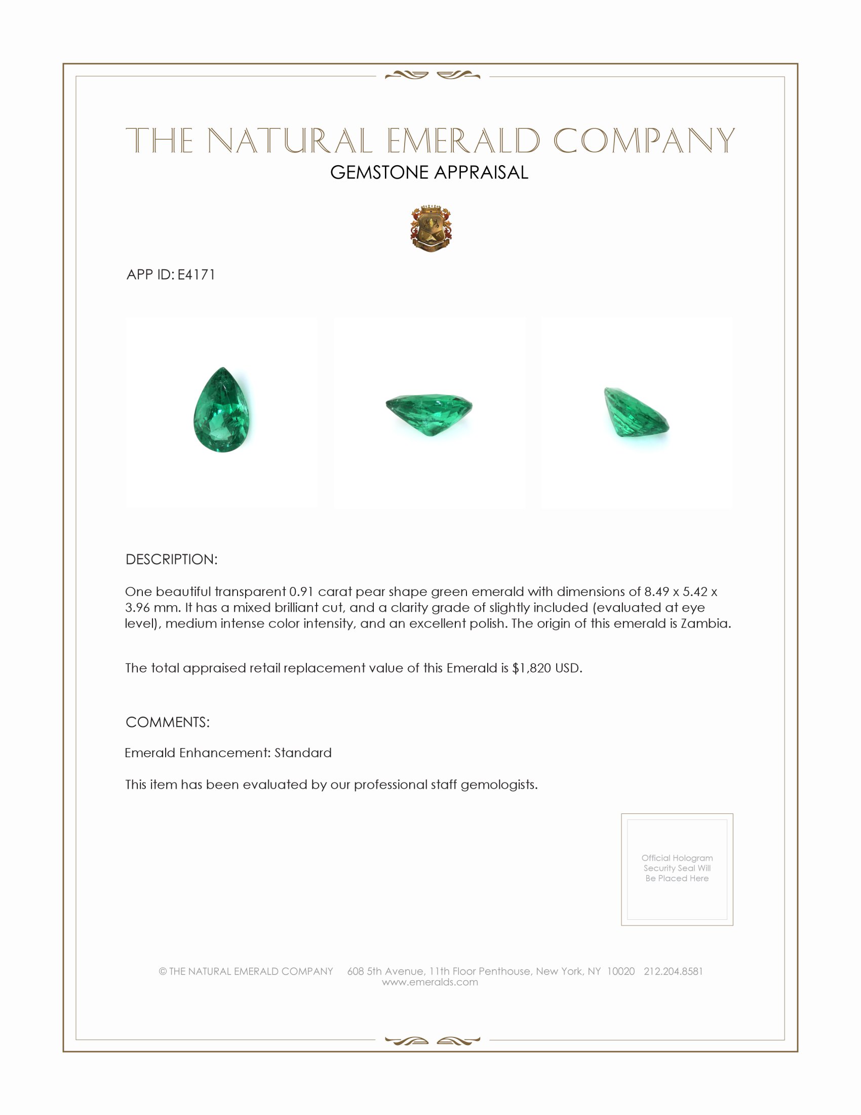 0.91 Ct. Emerald from Zambia