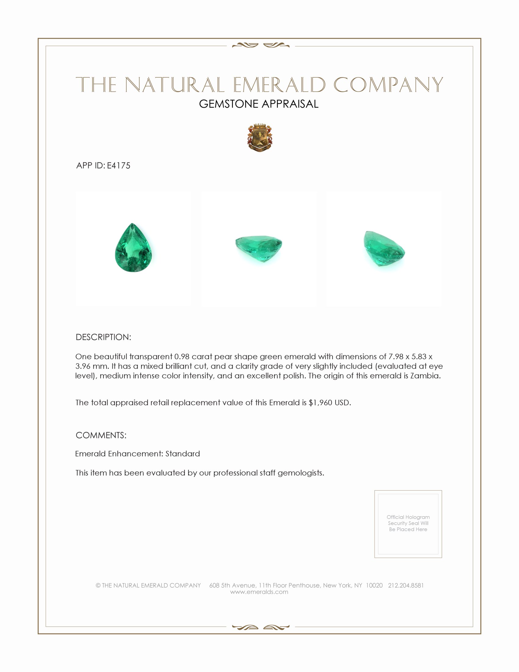 0.98 Ct. Emerald from Zambia