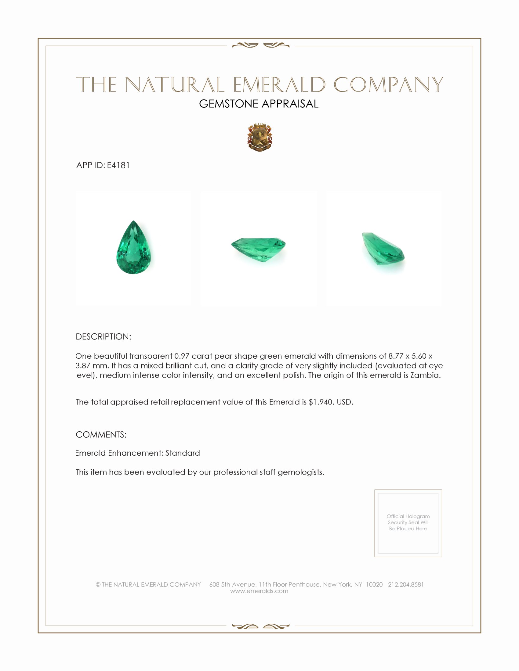 0.97 Ct. Emerald from Zambia