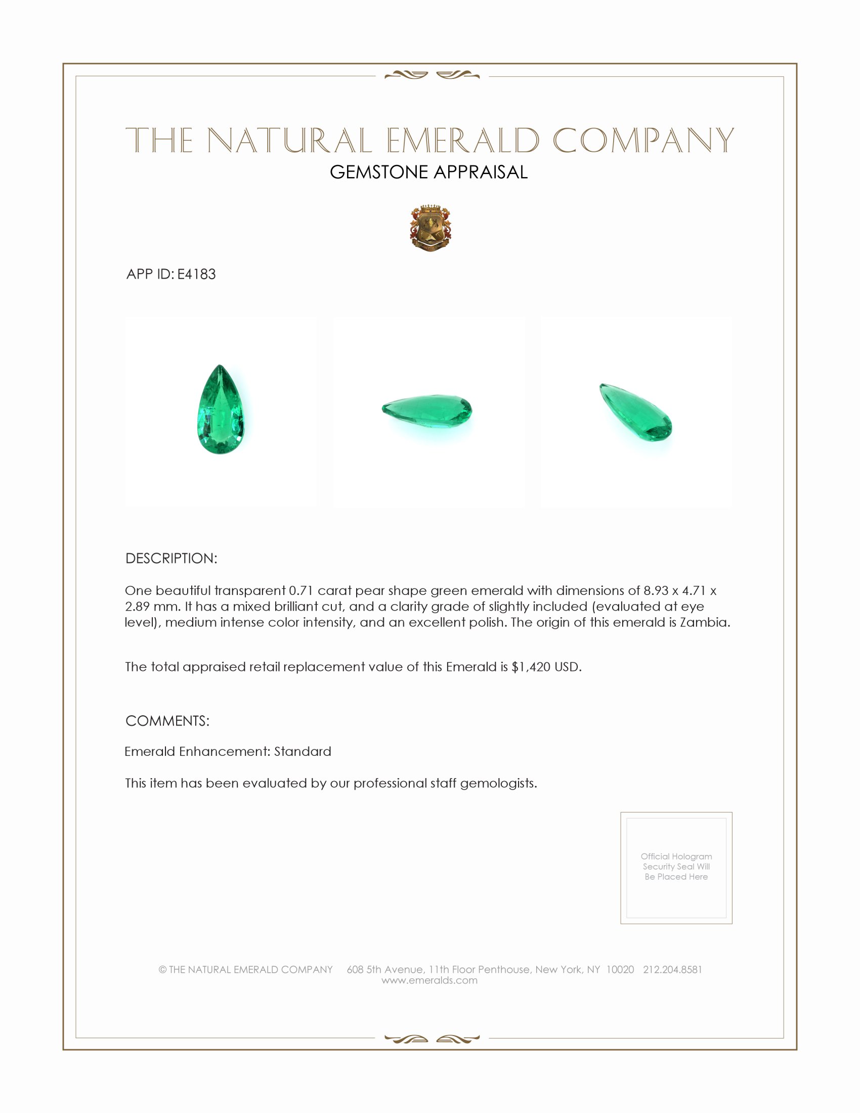 0.71 Ct. Emerald from Zambia