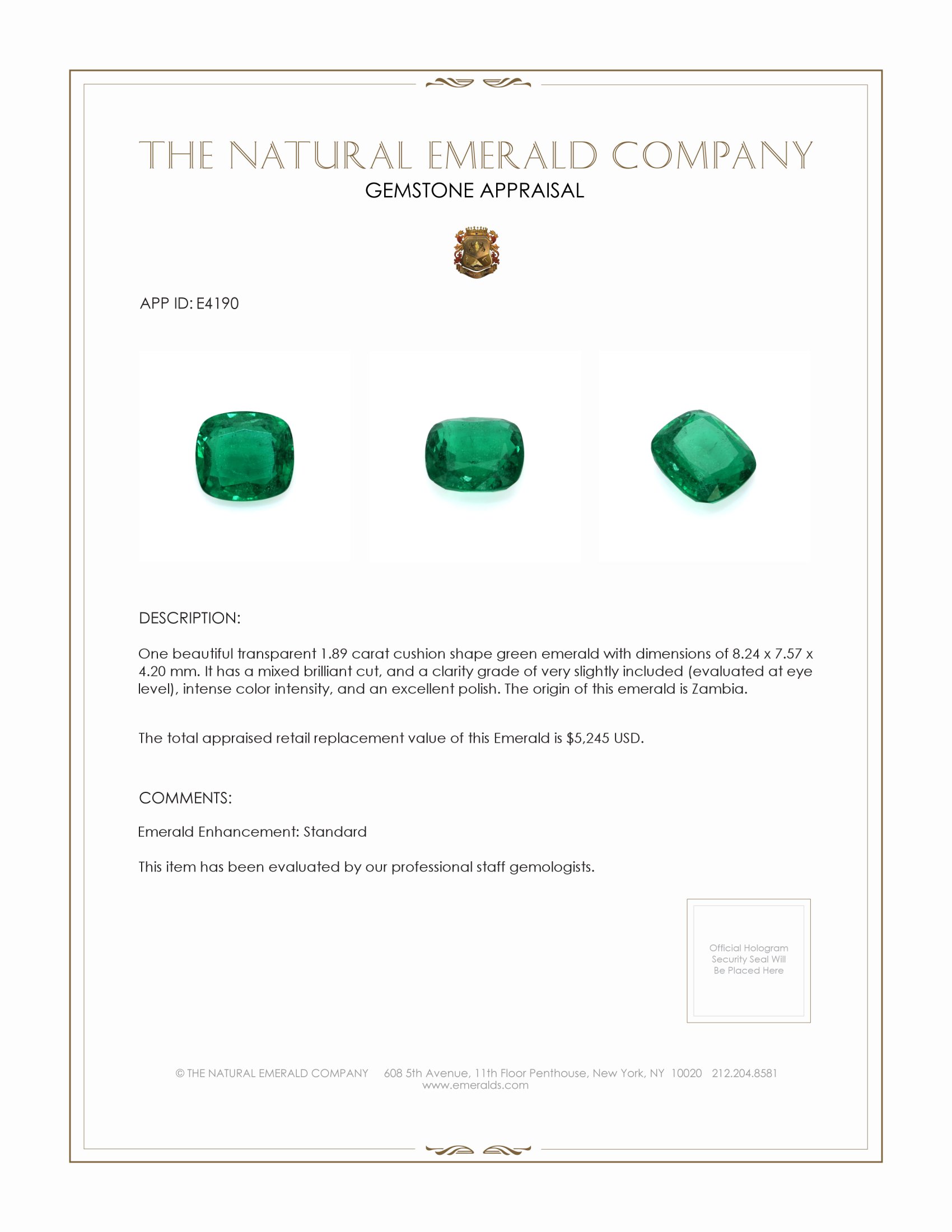 1.89 Ct. Emerald from Zambia