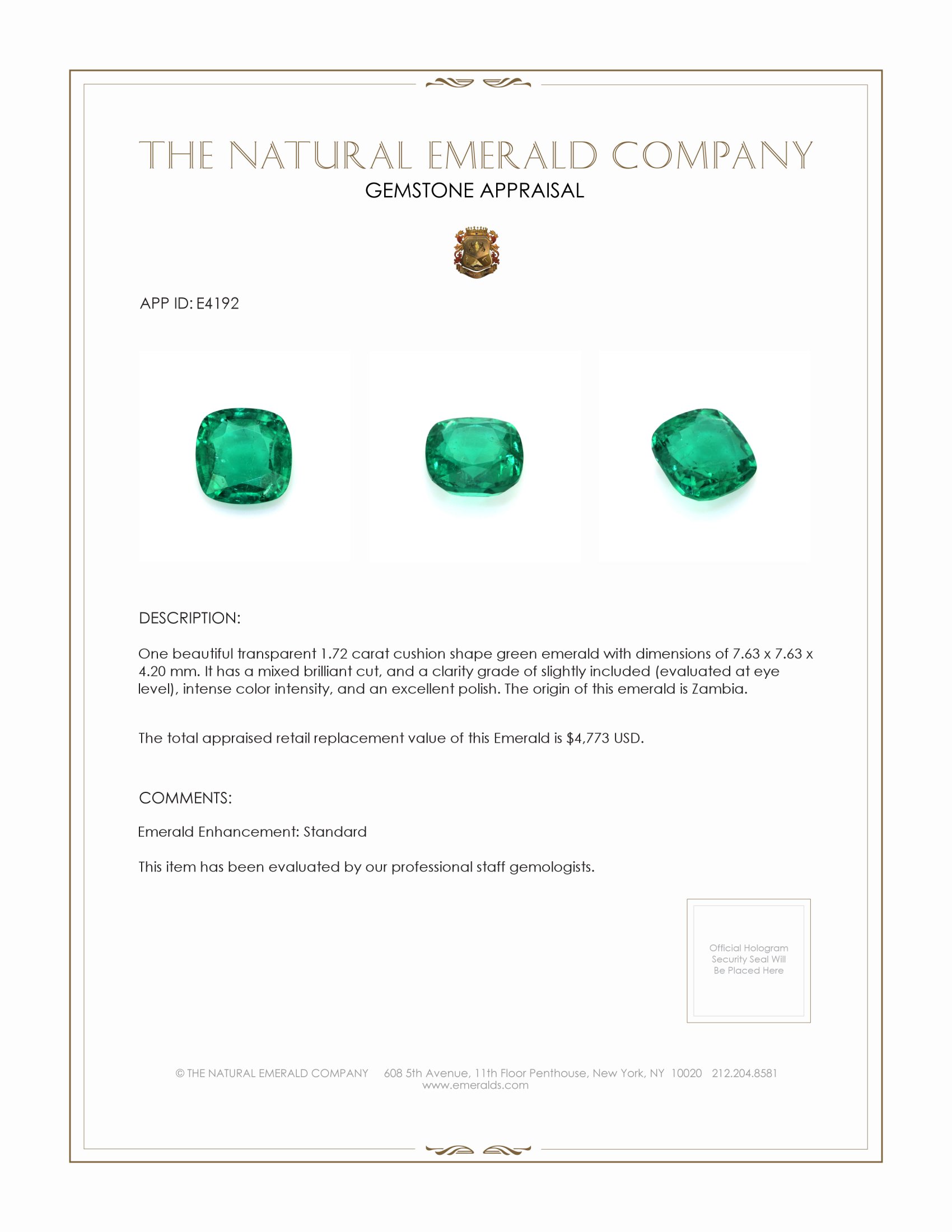 1.72 Ct. Emerald from Zambia