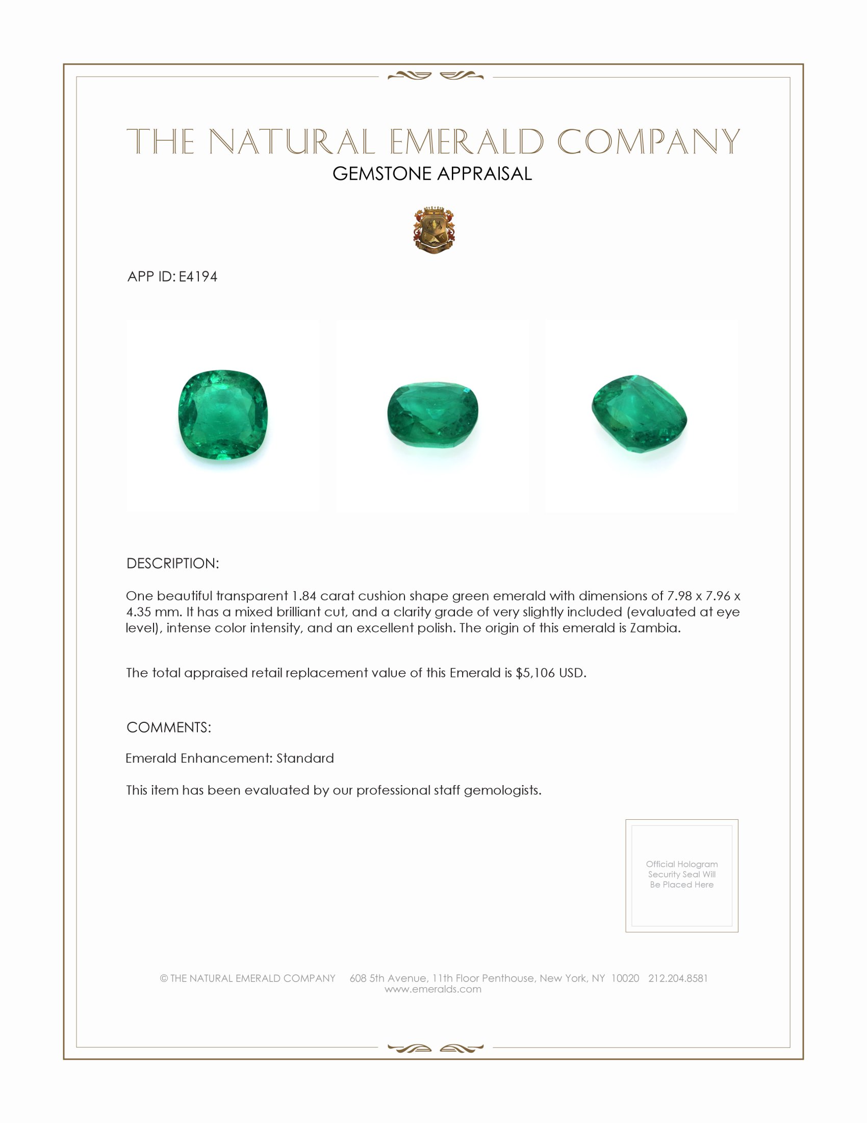 1.84 Ct. Emerald from Zambia