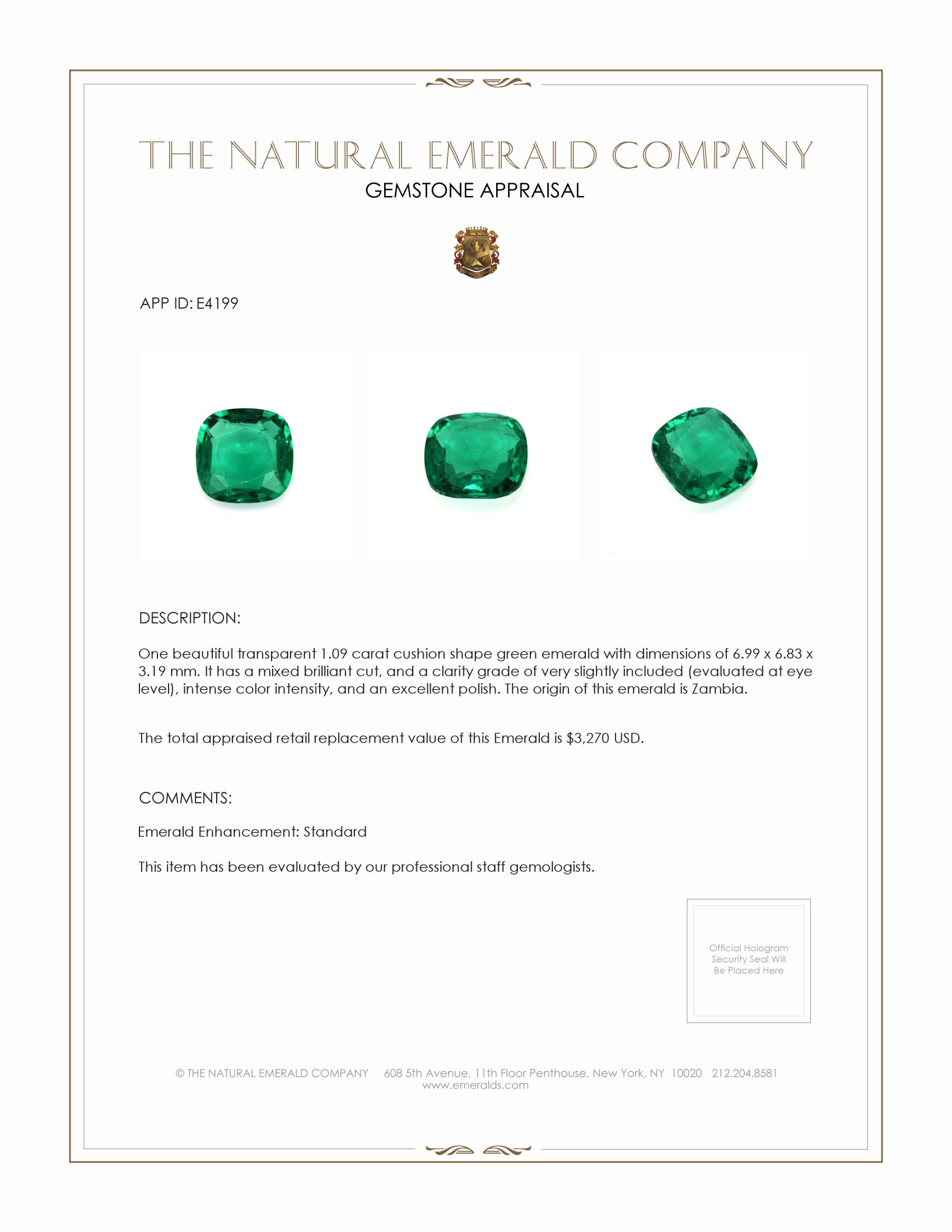 1.09 Ct. Emerald from Zambia