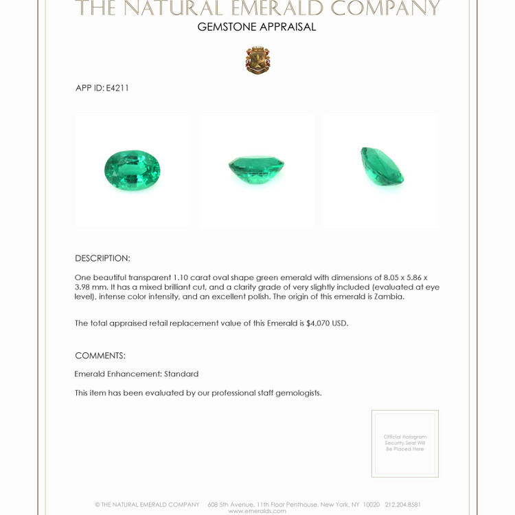 1.10 Ct. Emerald from Zambia