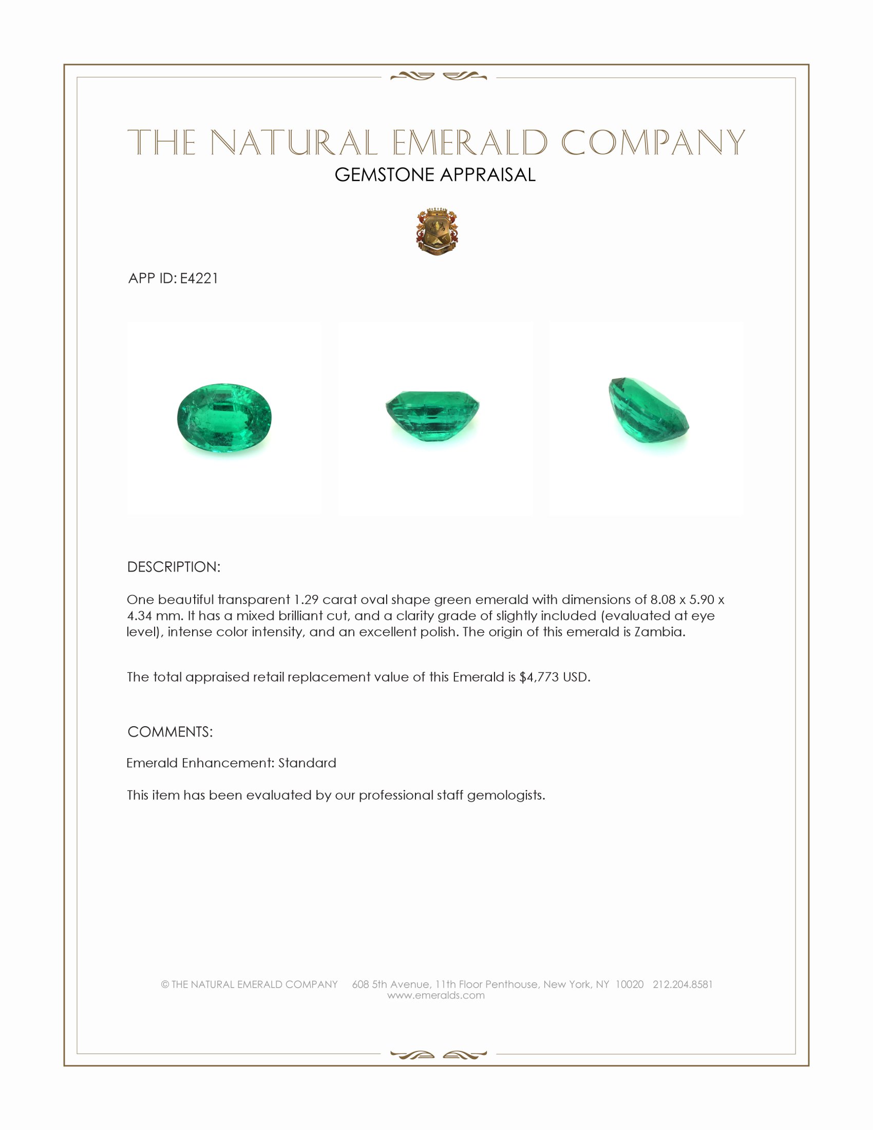 1.29 Ct. Emerald from Zambia