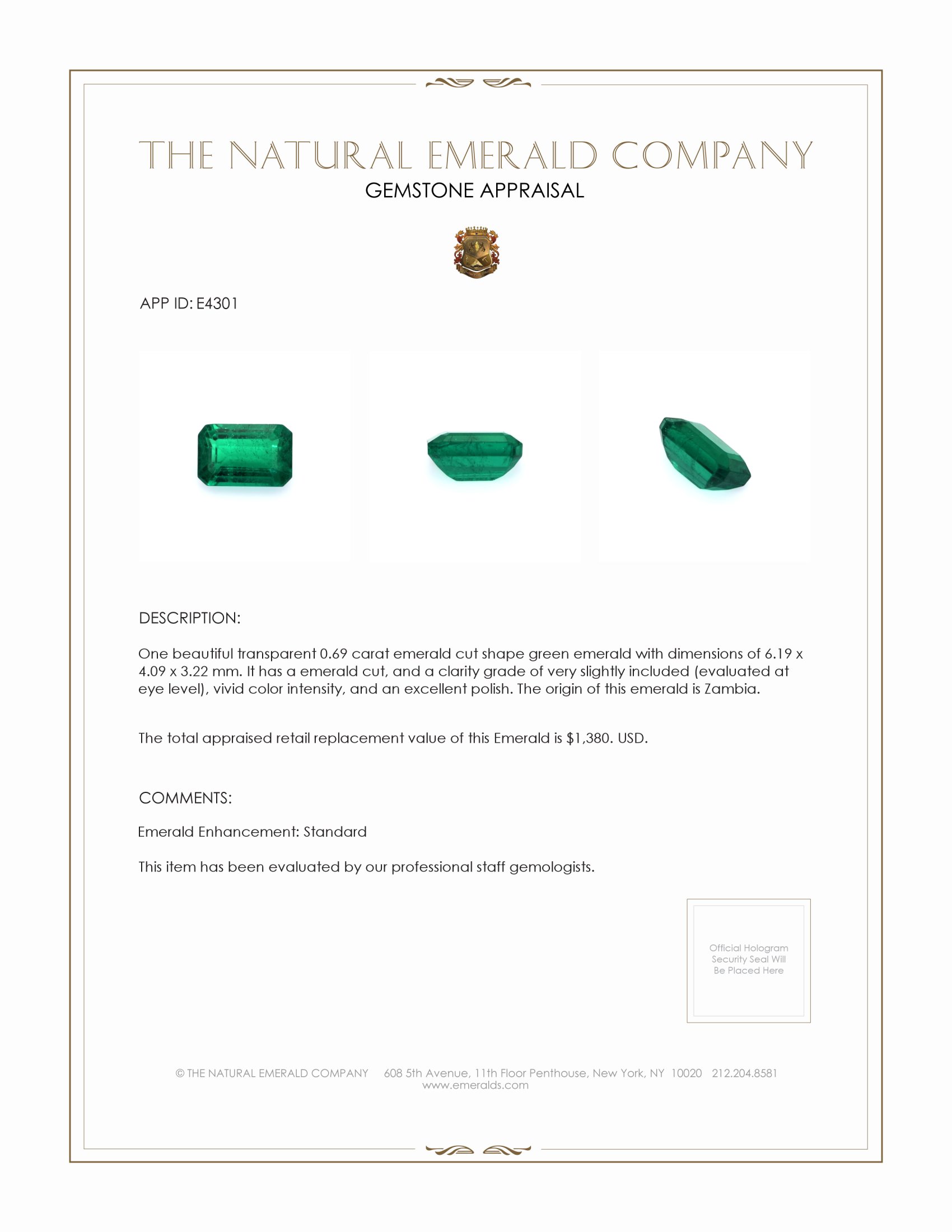 0.69 Ct. Emerald from Zambia