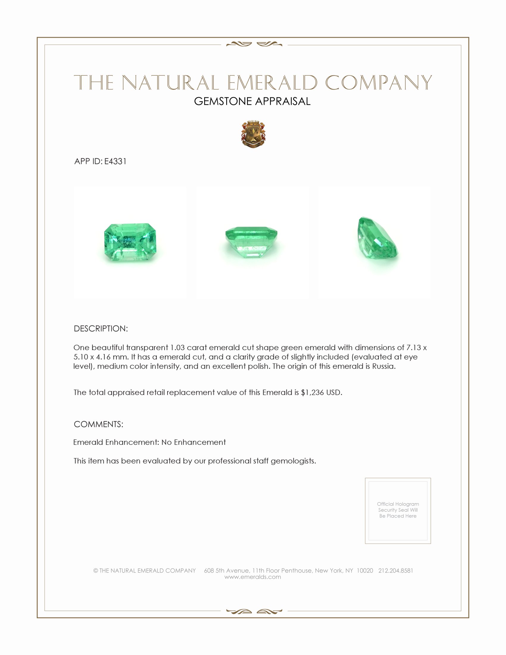 1.03 Ct. Emerald from Russia