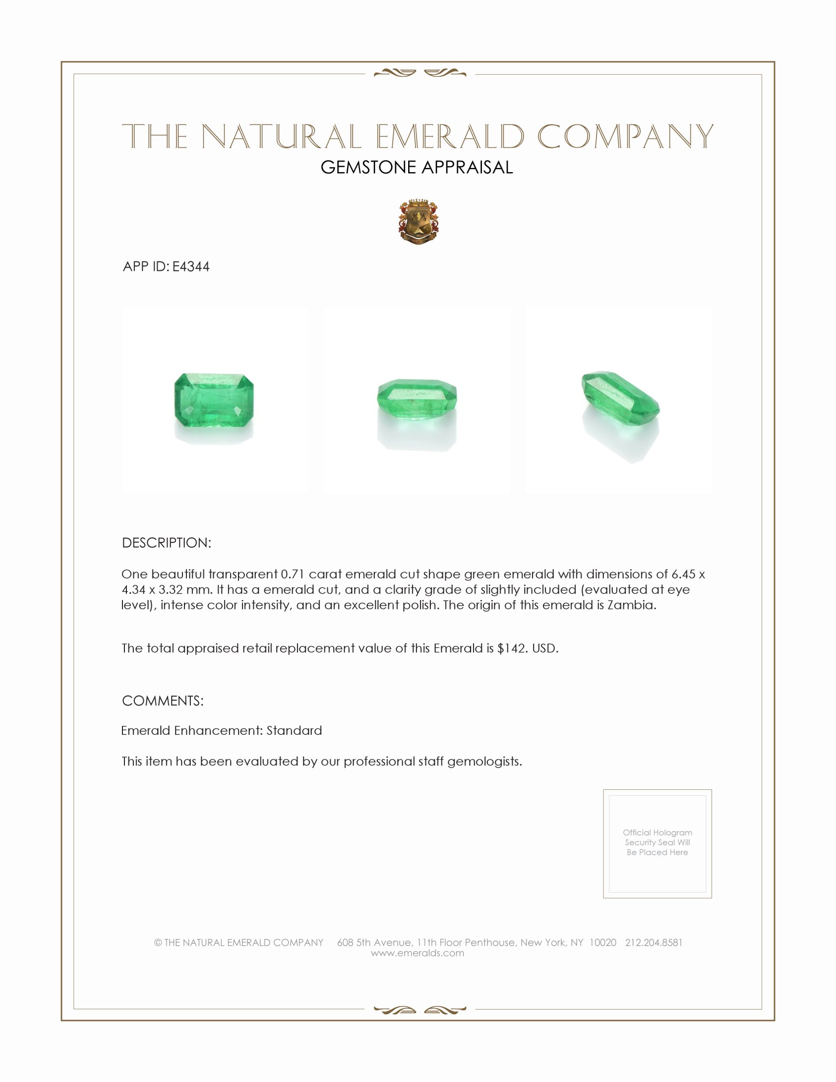 0.71 Ct. Emerald from Zambia