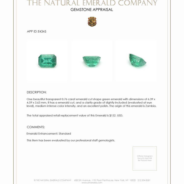 0.76 Ct. Emerald from Zambia