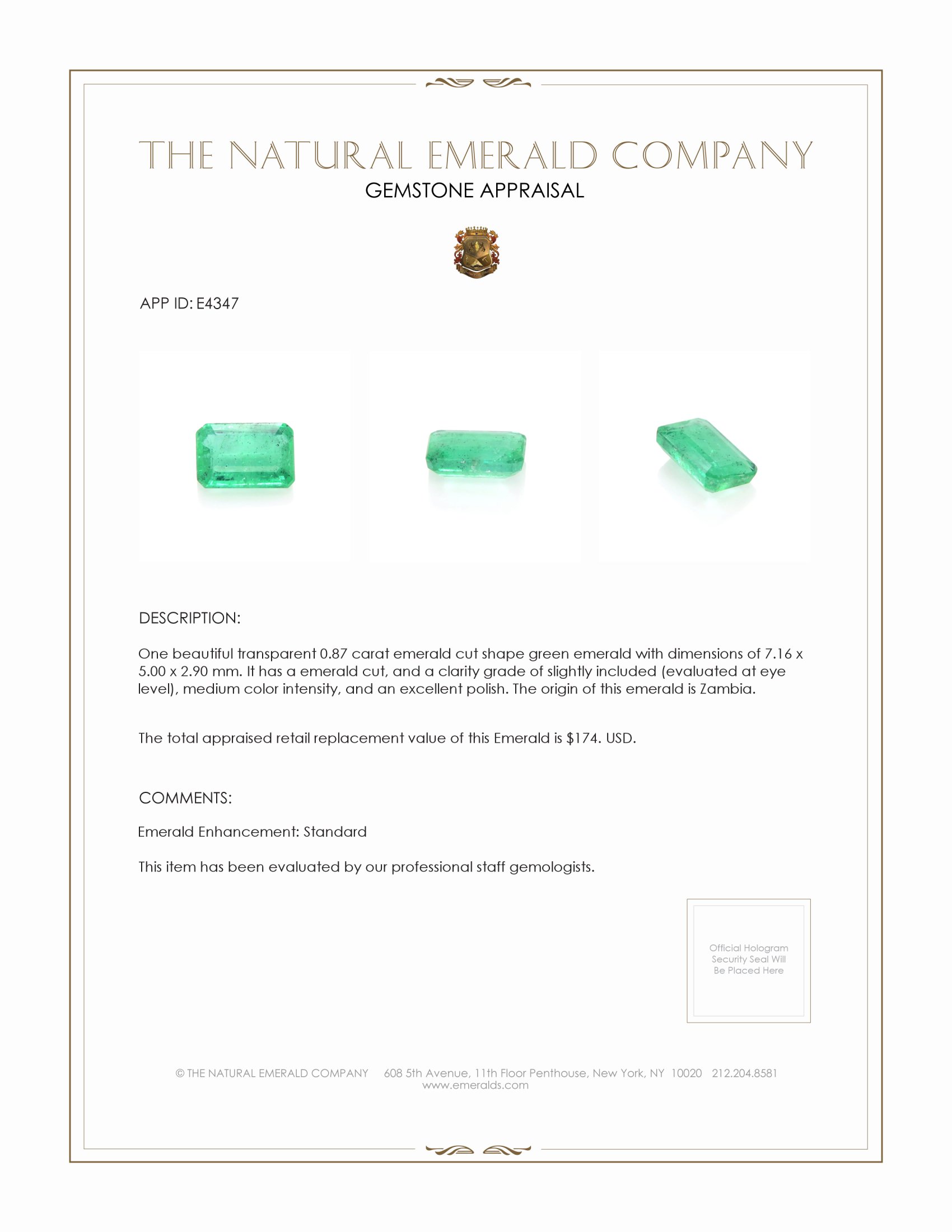 0.87 Ct. Emerald from Zambia