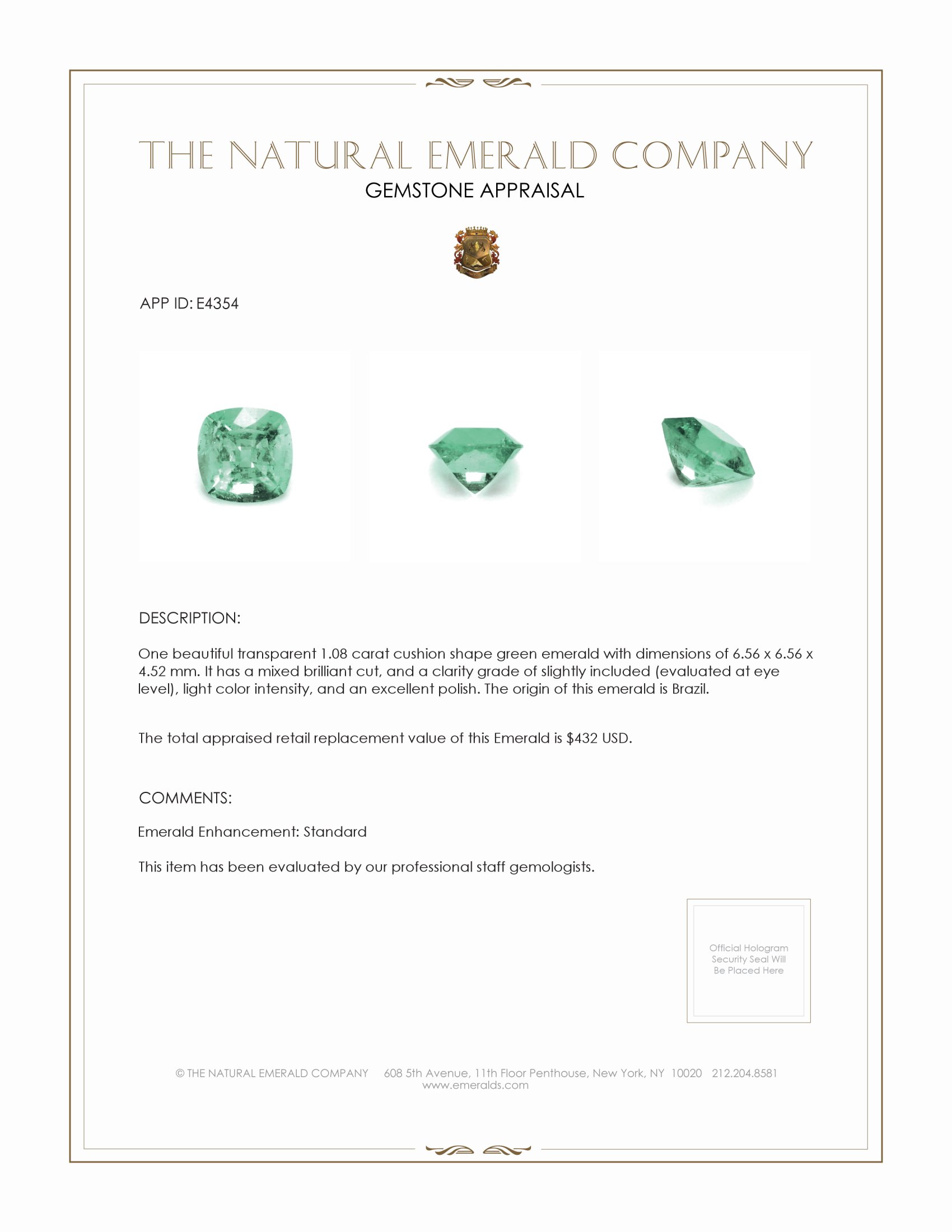 1.08 Ct. Emerald from Brazil