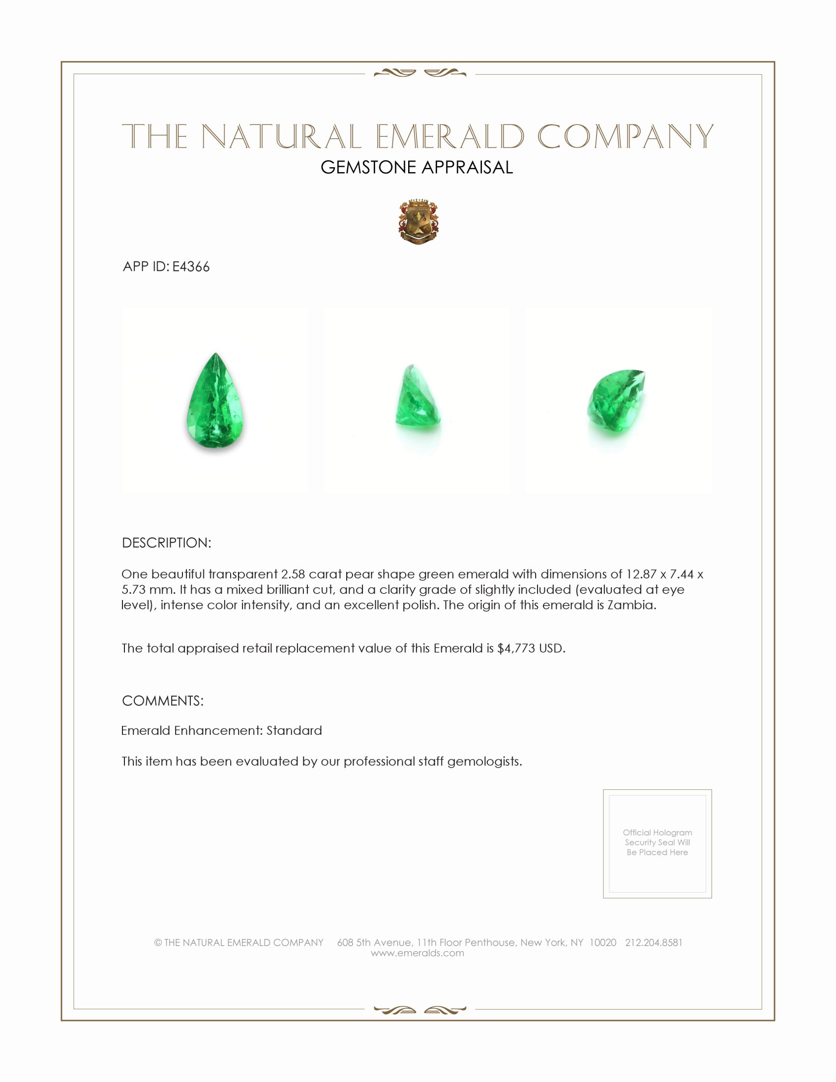 2.58 Ct. Emerald from Zambia