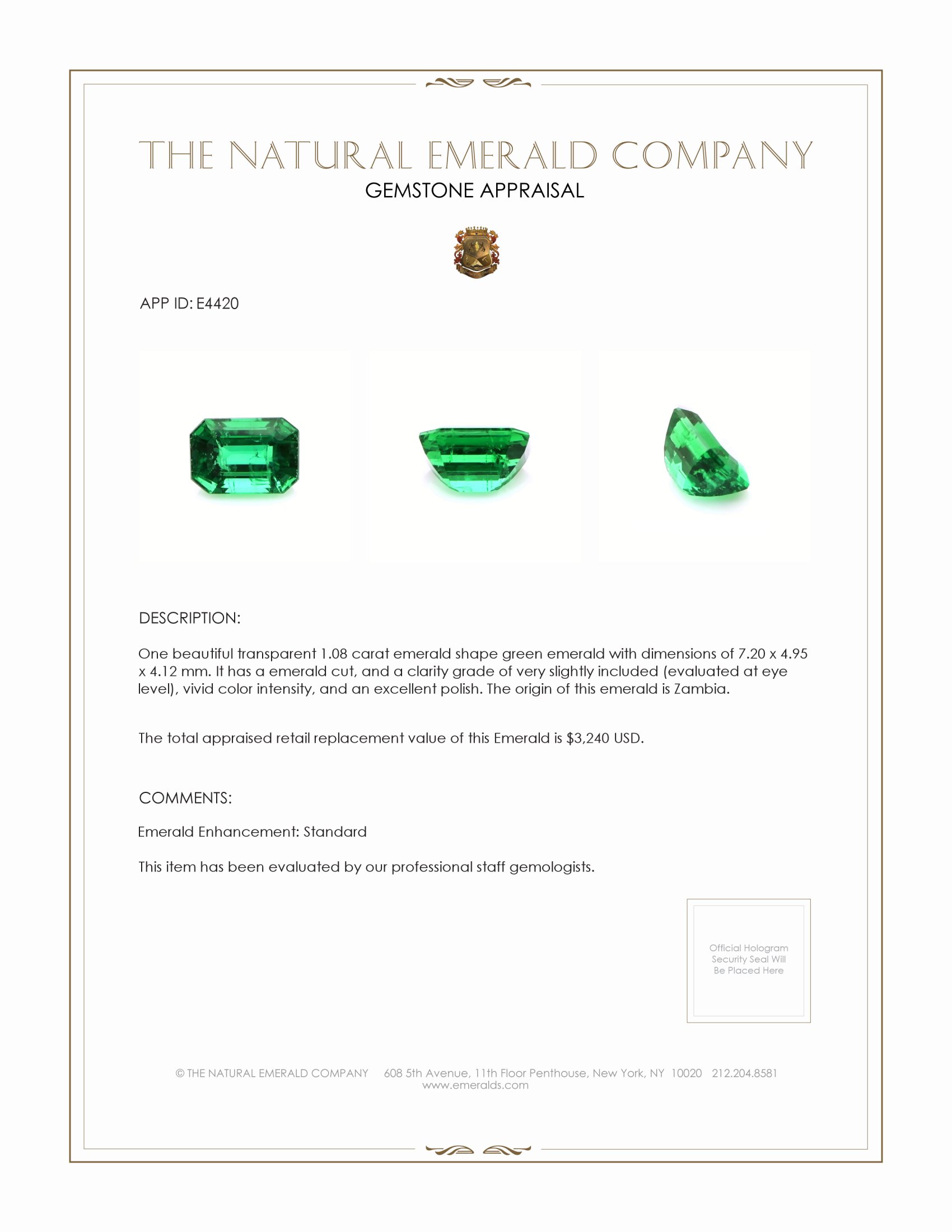 1.08 Ct. Emerald from Zambia