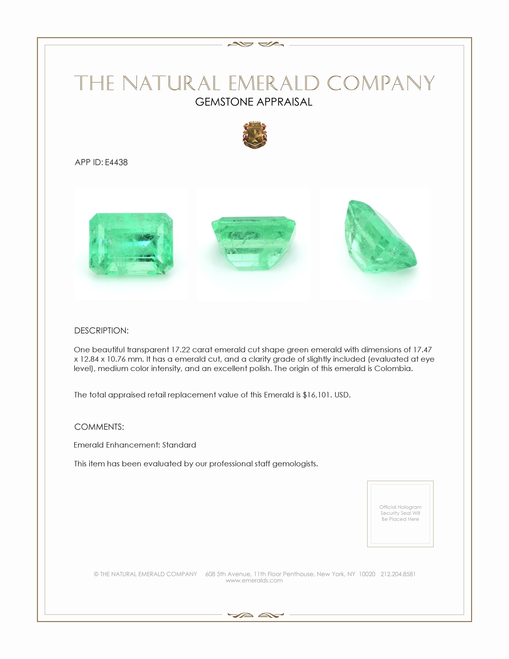 17.22 Ct. Emerald from Colombia
