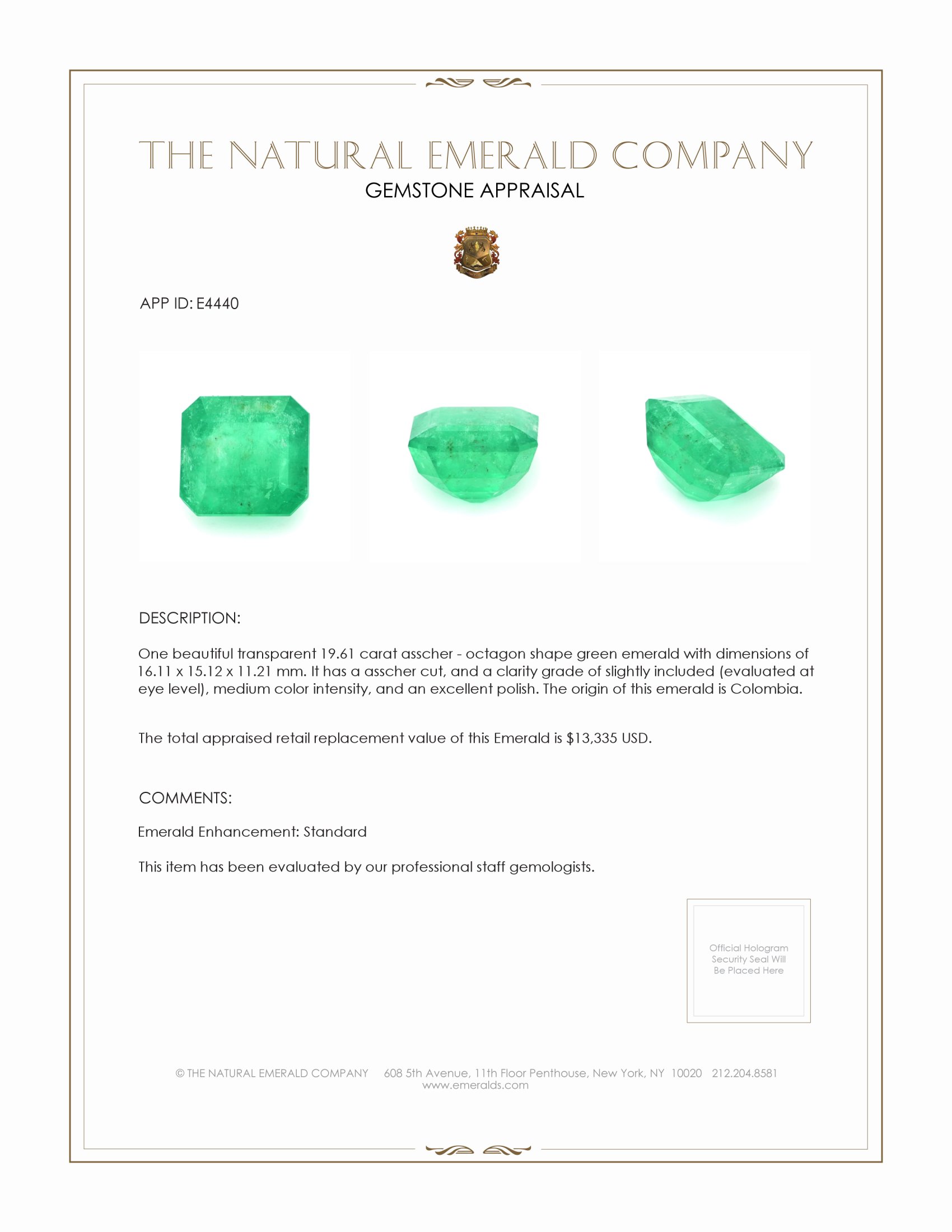 19.61 Ct. Emerald from Colombia